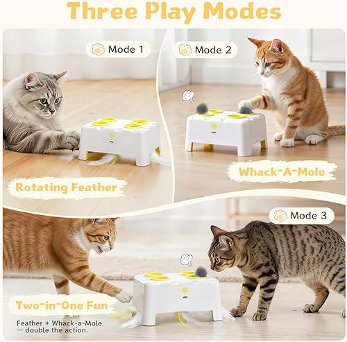 Miniatura 4 de Juguete interactivo para gatos de interior, juguete de plumas de 3 modos, juguete recargable de 4 agujeros, juguetes para gatos topo, caja de queso