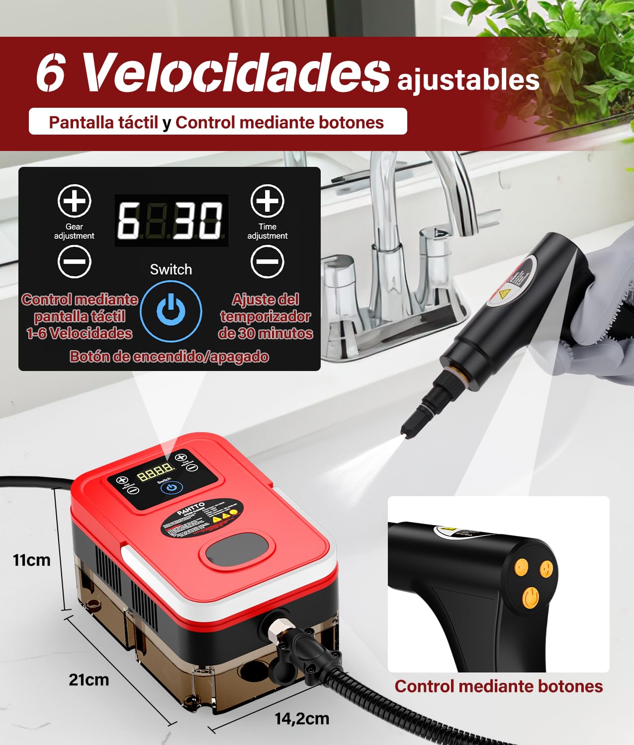 PAHTTO Limpiador a vapor multifuncional, depósito de agua de 1200 ml, pantalla LCD y mango ajustable, 20 accesorios, tiempo de calentamiento de 15 segundos, para cocina, sofá, ventanas, coche, etc.