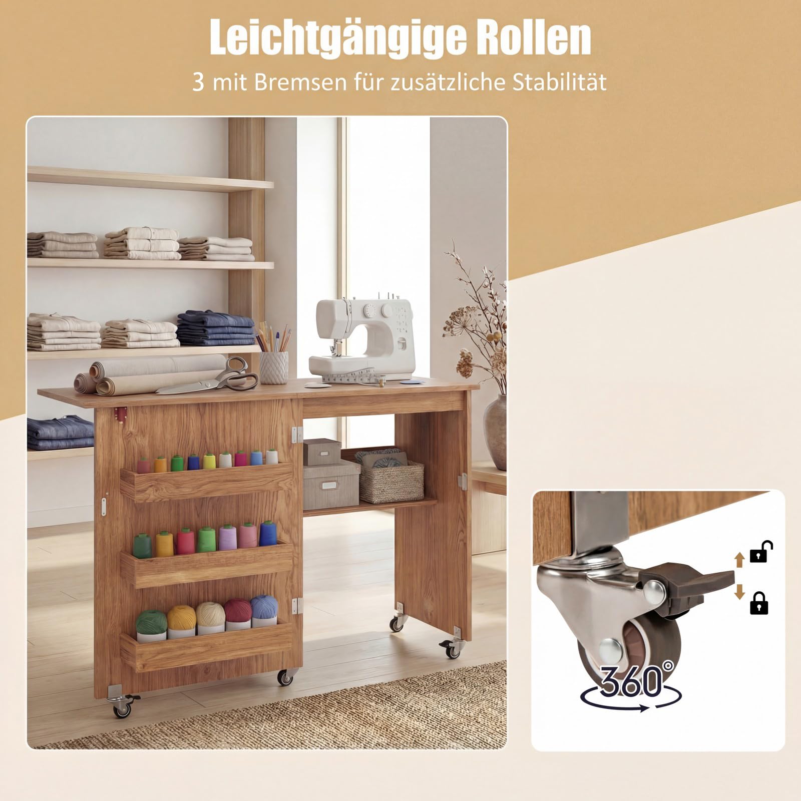 GIANTEX Nähtisch klappbar, Nähmaschinentisch auf Rollen, Nähtisch für Nähmaschine, Nähschrank Holz, Mehrzwecktisch für Wohnzimmer Arbeitszimmer Schlafzimmer (Eiche)