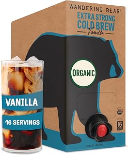 Wandering Bear Organic Vanilla Coffee Cold Brew On Tap, Iced Coffee Drink -Extra Strong, Smooth, No Sugar Added, Shelf-Stable, Ready to Drink, Gluten Free & Vegan Decaf -16 Servings of 6fl.oz -96fl.oz