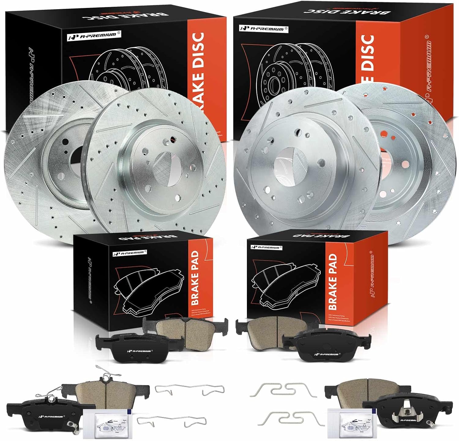 A-Premium Front and Rear Drilled and Slotted Disc Brake Rotors + Ceramic Pads Kit Compatible with Select Honda Models - Accord 2018 2019 2020 2021 2022, 12-PC Set
