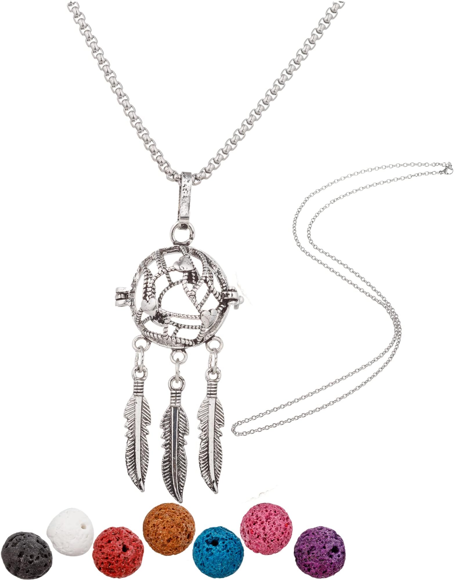 Essential Oil Diffuser Necklace Silver Leaves Copper Aromatherapy Pendant Locket with 7pcs Lave Rocks Stone and 2pcs 27 Inch Gold Chain Jewelry for Women TeenGirls