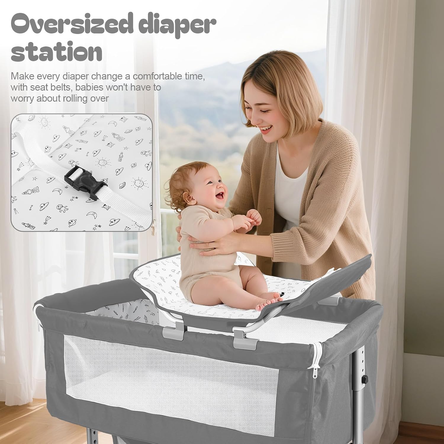 4 in 1 Baby Bassinet, Multi-Function Bedside Crib with Changing Table, Newborn Infant Cradle Bassinet with Wheels, 6 Levels Height Adjustable, with Basket & Mosquito Net (Grey)