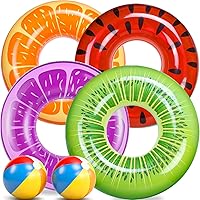 FindUWill 6 Pack Fruit Pool Floats Swim Rings with 2 Beach Balls - Inflatable Floaties for Kids Adults Pool Party Fun