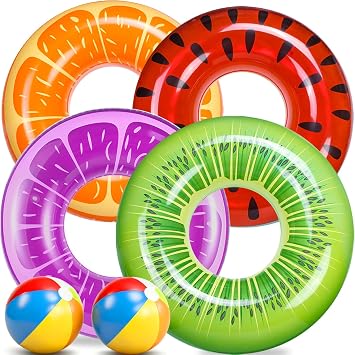 FindUWill 6 Pack Pool Floats Kids, Pool Swim Tubes Rings4 Pack - 4Pcs Inflatable Big Floaties Beach Swimming Toys with 2Pcs Beach Balls for Adults Raft Floaties Toddlers