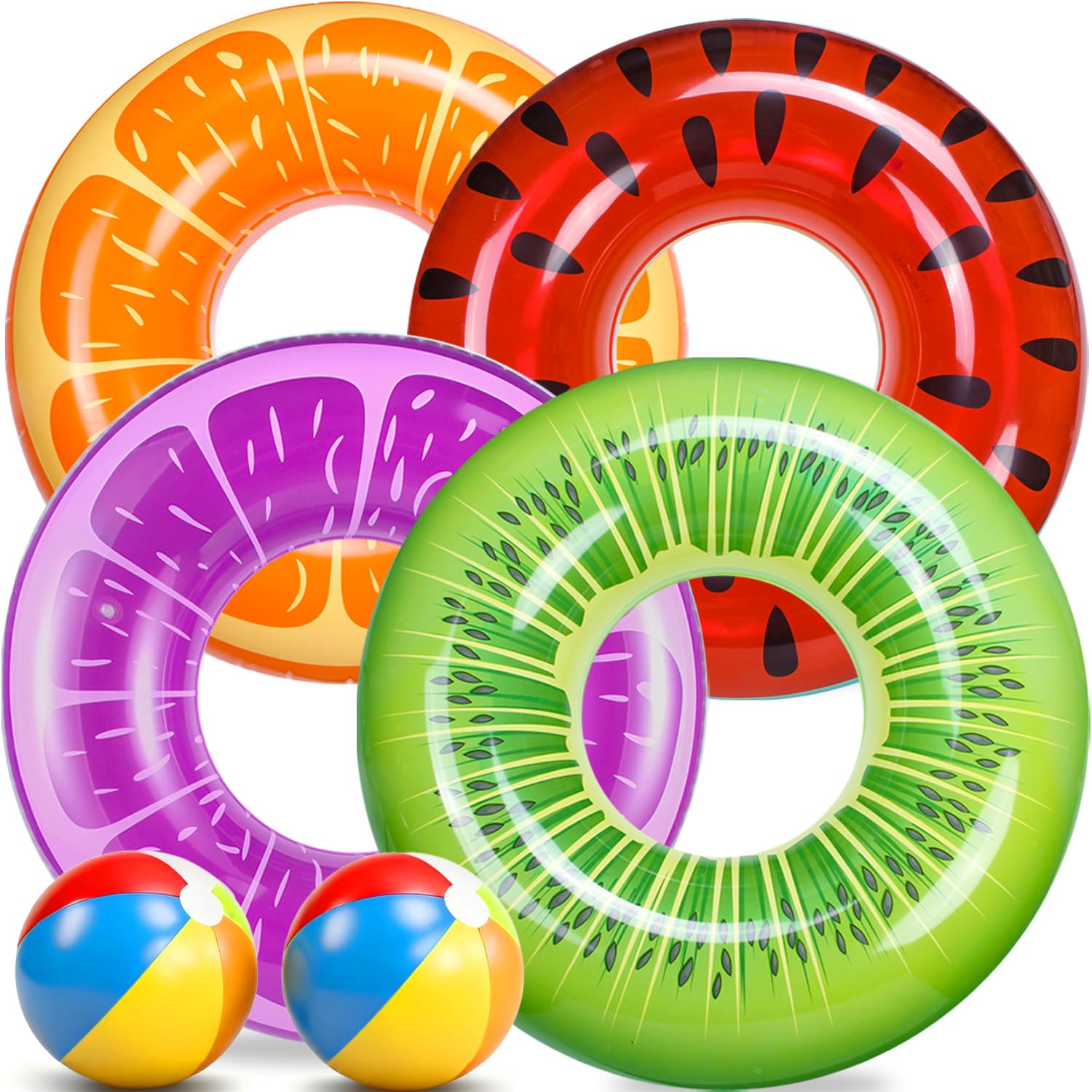 FindUWill 6 Pack Pool Floats Kids, Pool Swim Tubes Rings(4 Pack) - 4Pcs Inflatable Big Floaties Beach Swimming Toys with 2Pcs Beach Balls for Adults Raft Floaties Toddlers