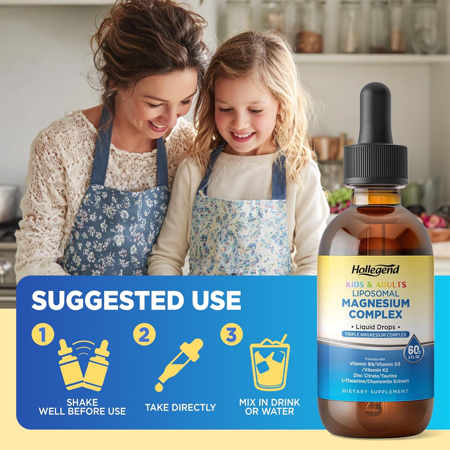 Liposomal Kids Magnesium Glycinate Drops, Liquid Triple Magnesium Complex 400Mg for Adults, with D3 & K2, B6, Zinc, Taurine, Theanine & Chamomile, Muscle Relief, Sleep, Stress, 120 Servings