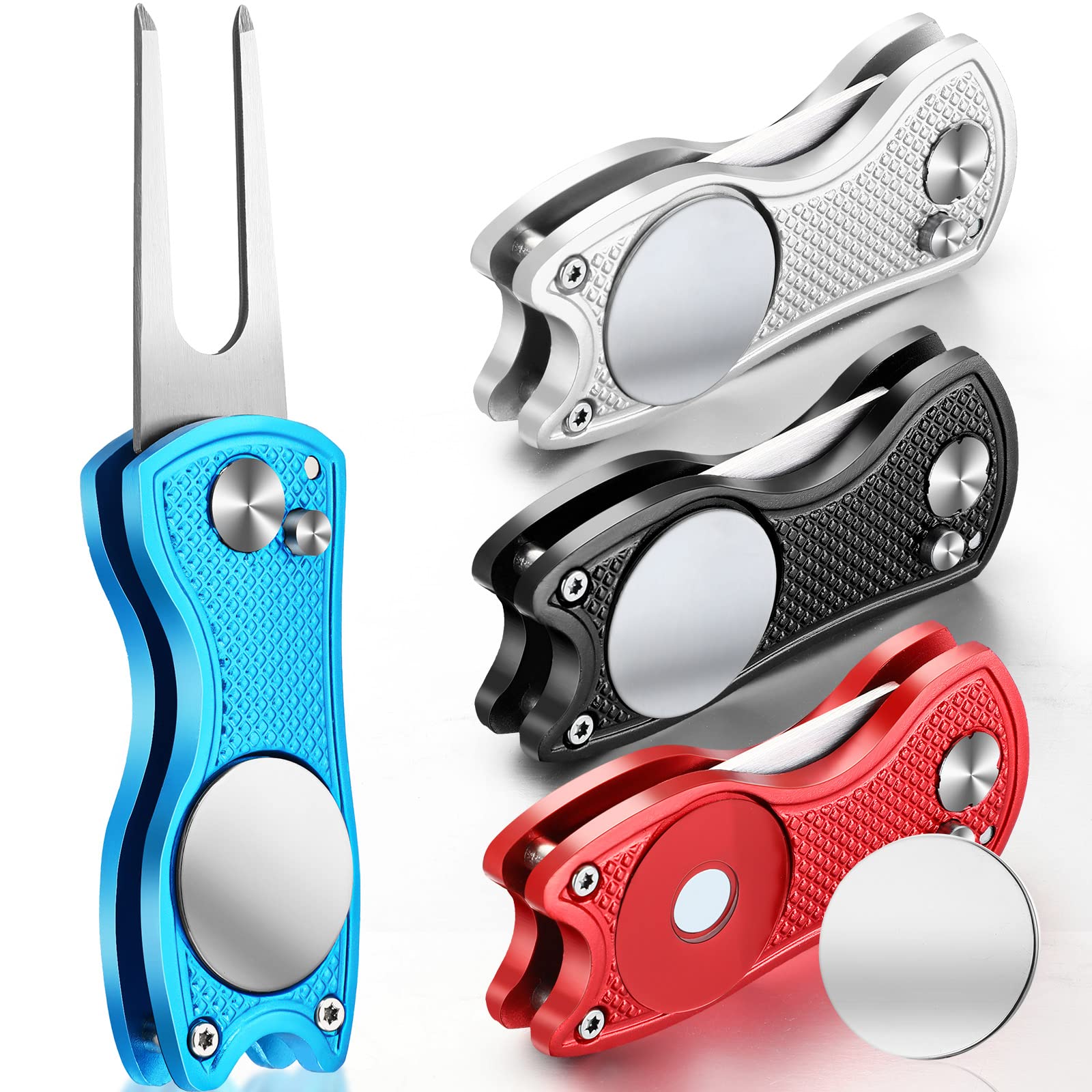 Foldable Golf Divot Tool with Button and Magnetic Ball Marker 4 Pieces Switchblade Divot Repair Tool Golf Ball Mark Repair Tool Stainless Steel Divot Repair Ball Marker for Golf Club, 4 Colors