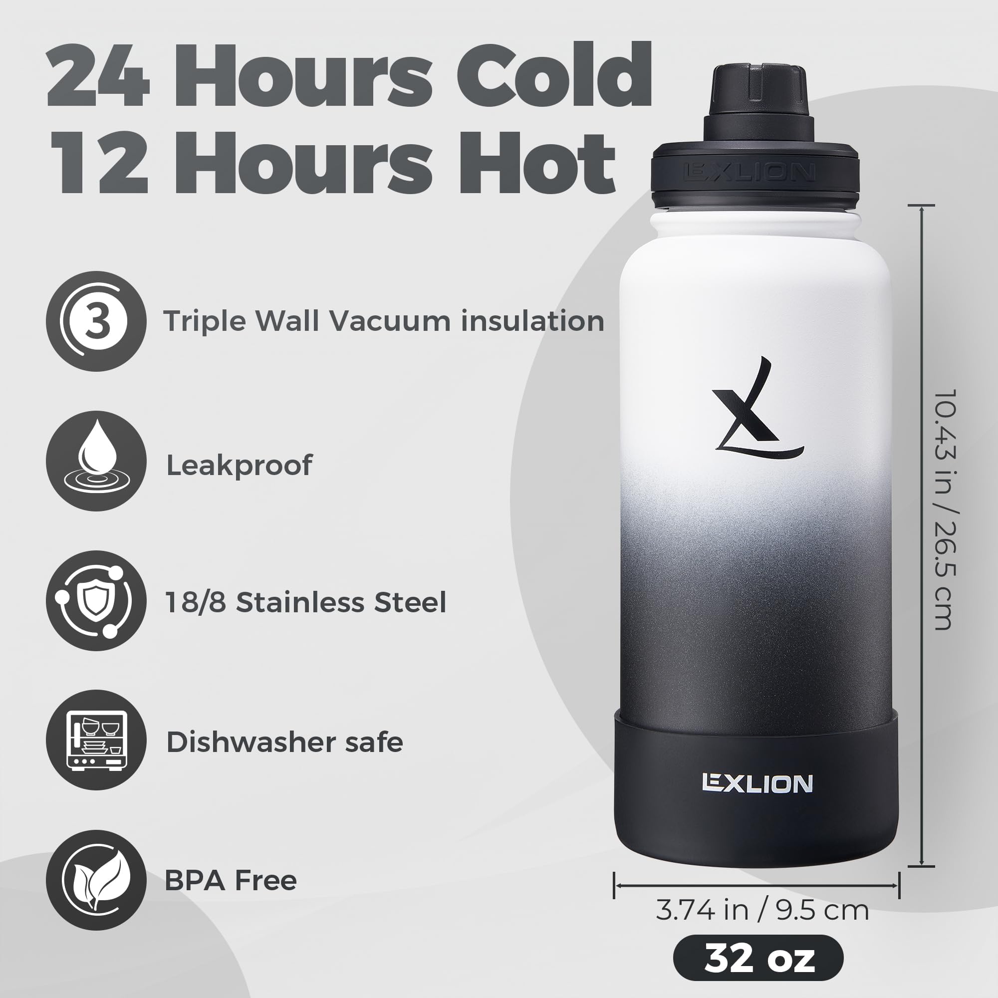 Lexlion Botella de agua de 32 onzas, triple pared aislada de acero inoxidable, reutilizable, boca ancha, difusor de frutas, infusor térmico de hojas, funda de silicona y cepillo de limpieza, 3 tapas a