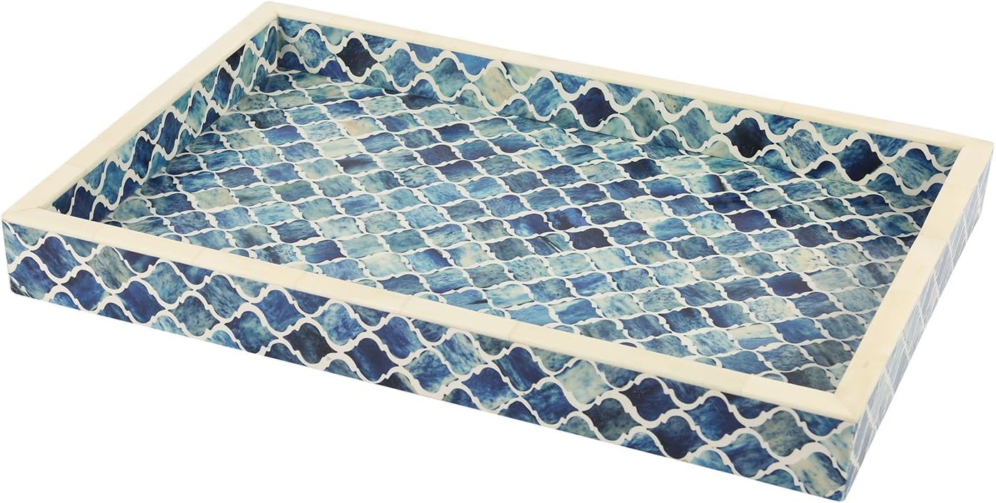 Moorish Moroccan Pattern Inspired Trays – Ideal Ottoman Tray – Multipurpose Bone Inlay Serving Tray or Simply Use as a Decorative Trays 11x17 Inches Blue White : Home & Kitchen