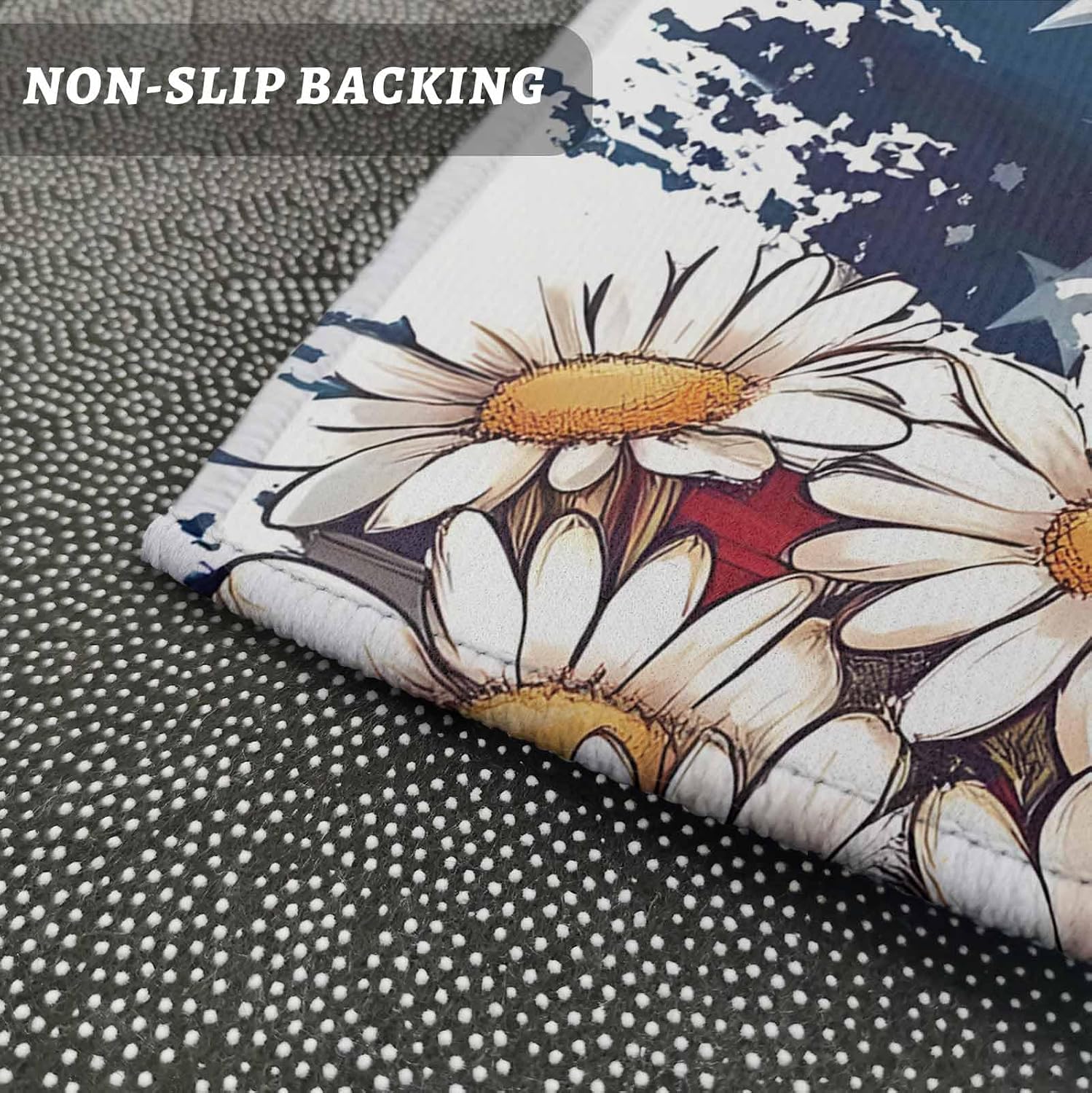 Kitchen Mats for Floor Independence Day USA Flag Flower Washable Non Slip Kitchen Rugs 1PCS, Retro Patriotic Star Stripe Absorbent Standing Mats for Sink Bathroom Office Living Room 15.7x47.2in