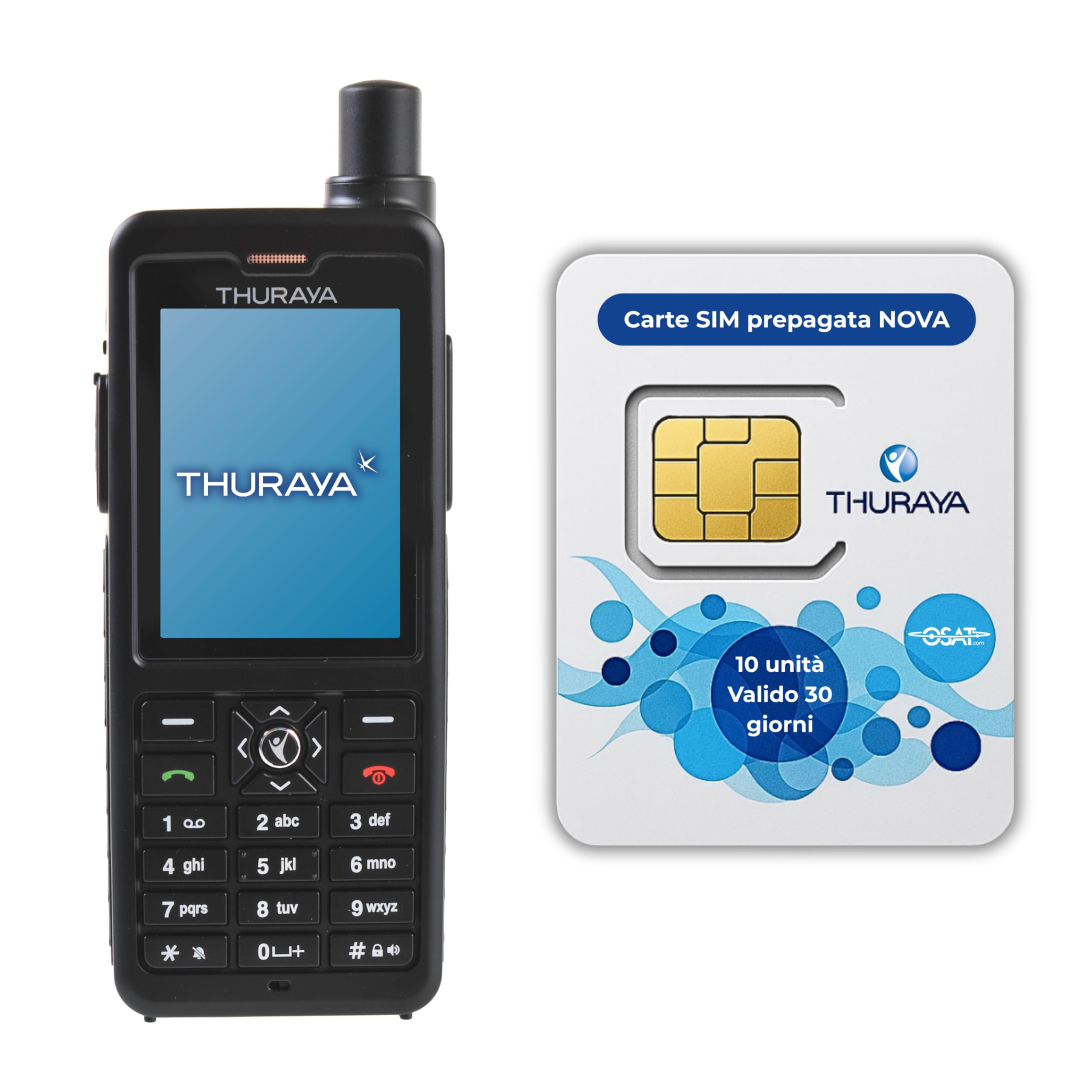 OSAT Telefono satellitare Thuraya XT-PRO + SIM Prepagata NOVA con 10 unità | Validità 30 giorni | Copertura vocale e SMS per comunicazione in zone remote e situazioni di emergenza.
