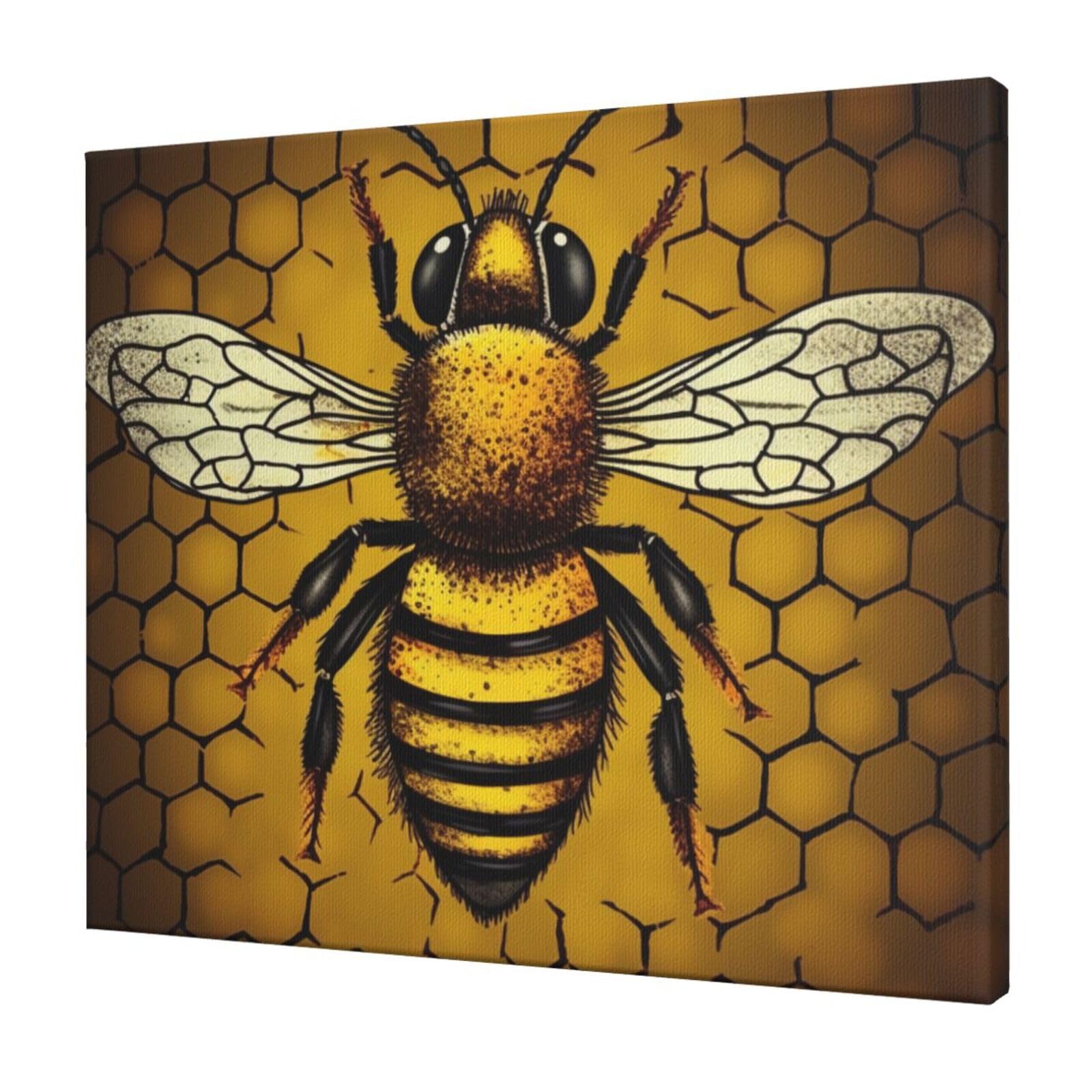 YKLJG Bee Honeybee Printed Wall Art Canvas Prints 60x50 CM Wooden Framed Picture Painting Artwork for Bedroom Kitchen Home Office Decor