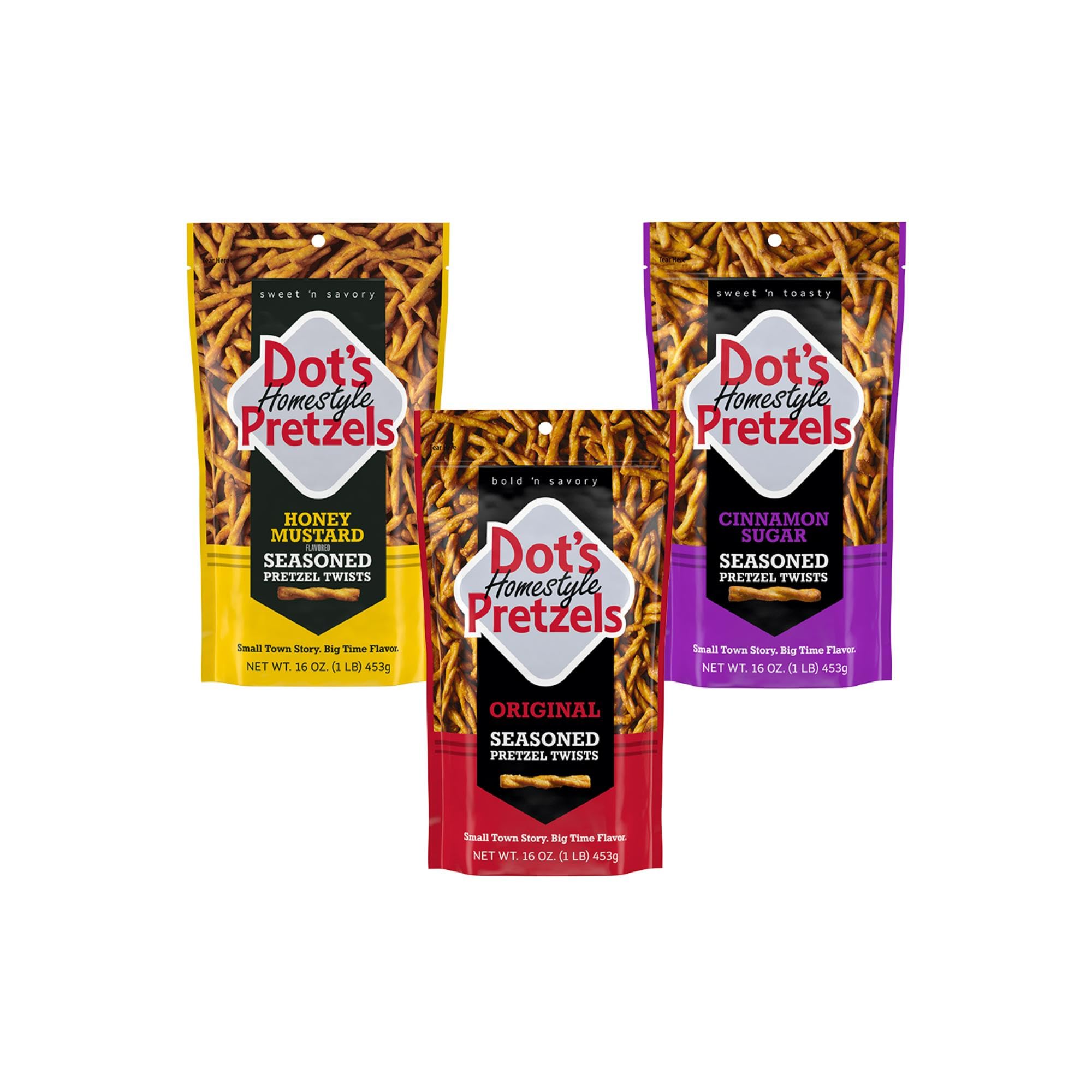 Dot's Pretzels Bundle Pack Original, Honey Mustard, and Cinnamon Sugar Seasoned Pretzel Twist Snack, 16oz Grocery Sized Bags (3 Pack)