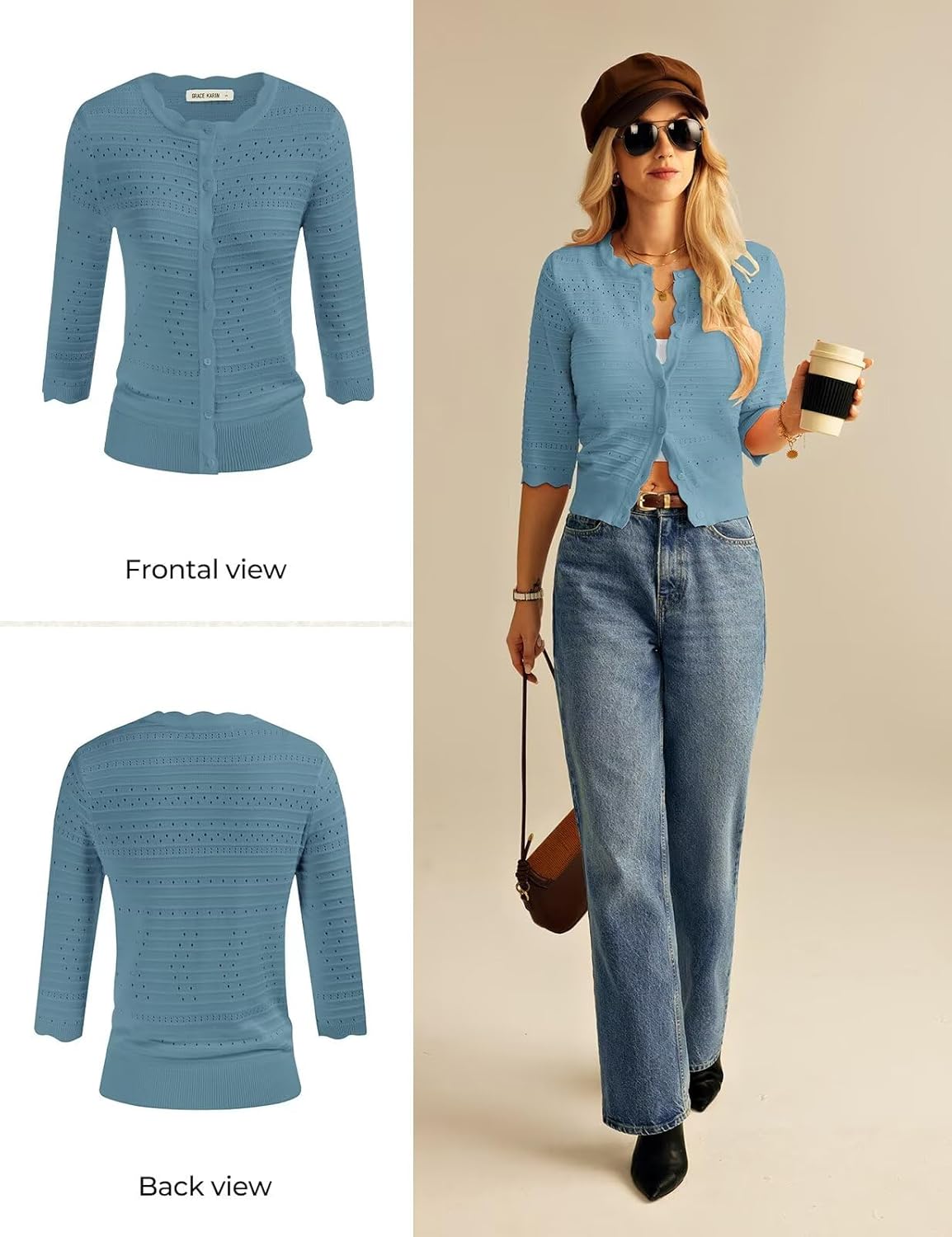 GRACE KARIN Womens 3/4 Sleeve Cardigan Sweater, Lightweight Cropped Cardigan Trendy, Dressy Casual Crochet Bolero Shrugs - Image 5
