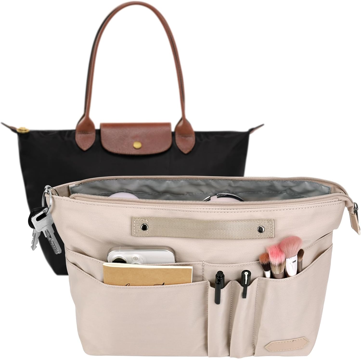 GADITIEK Women's Handbag Organizer for Women Tote Bags, Polyester Bags Organizer with Multiple Compartments and Zip for Longchamp Bags Le Pliage m, and More... (Beige, M)-image-25