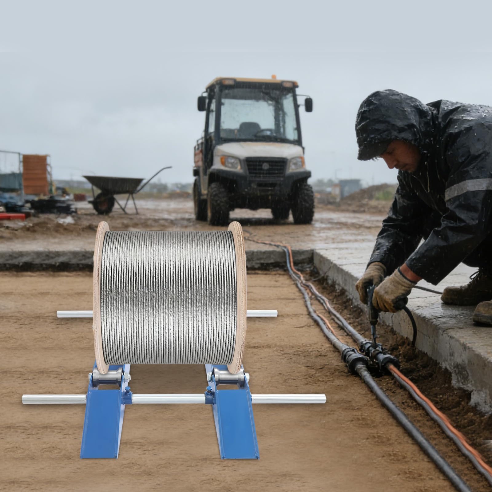 Dozownik kabli Cable Caddy z 3-stopniową regulacją tylną rolką do cewek okrągłych Ø 30-120 cm i szerokości do 170 cm, pomoc w rozwijaniu bębna kablowego z hartowanej stali