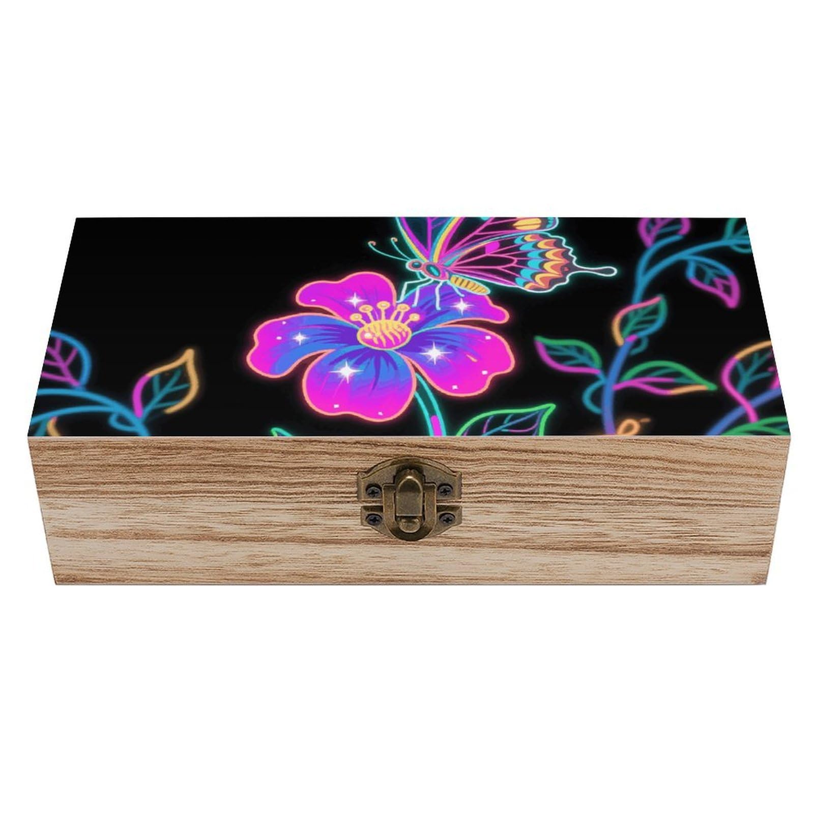 FodPand Decorative Keepsake Box Wooden Storage Boxes with Hinged Lid Handmade Neon Butterfly Wood Organizer Memory Treasure Box for Jewelry Craft Card Photo Storage Wedding Bridal Shower Gifts