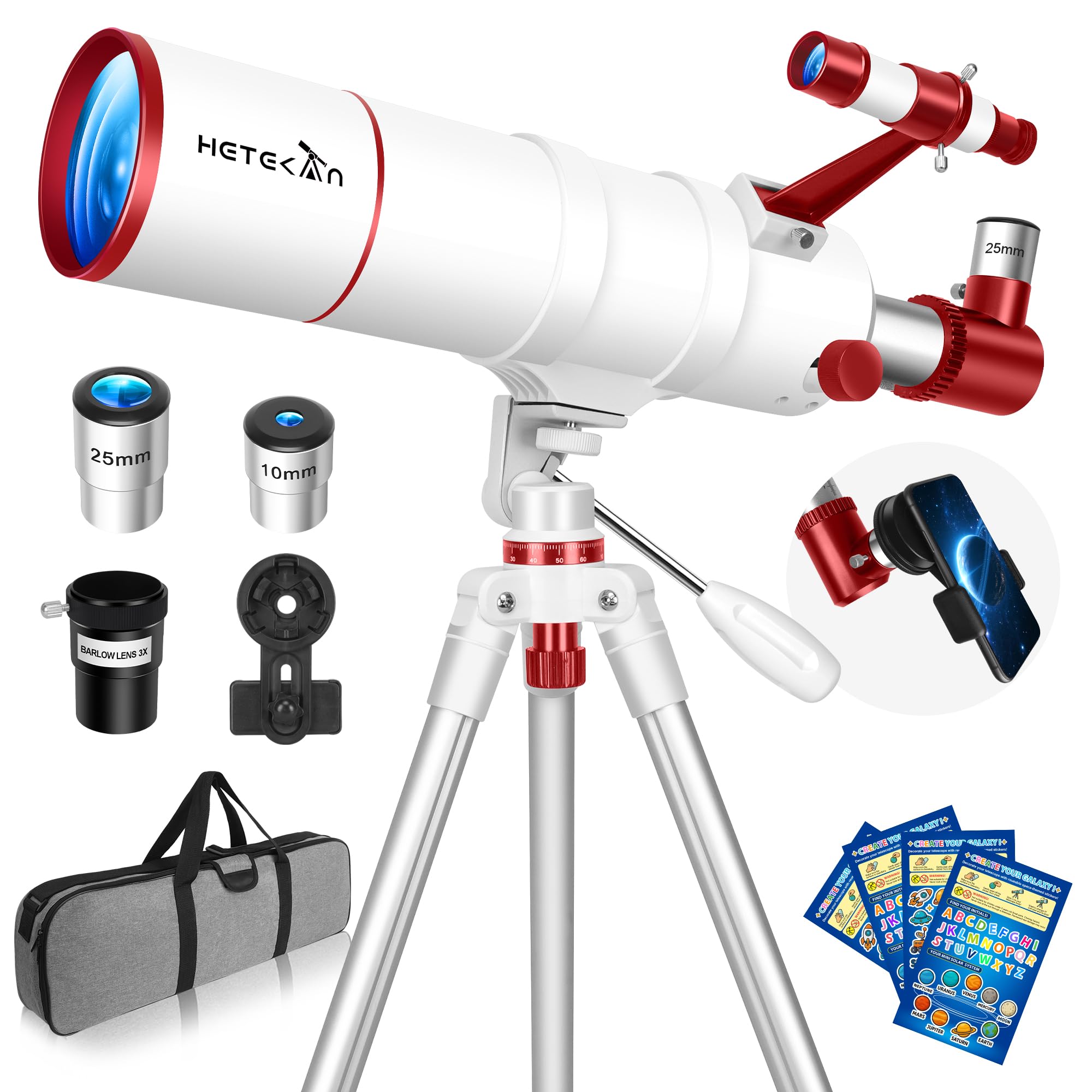 HETEKAN Teleskop 90mm Öffnung 550mm Brennweite, Tragbares Refraktor-Teleskop für Erwachsene, Anfänger und Kinder, 22X-165X mit AZ-Stativ, Handyadapter, Tragetasche und Aufklebern