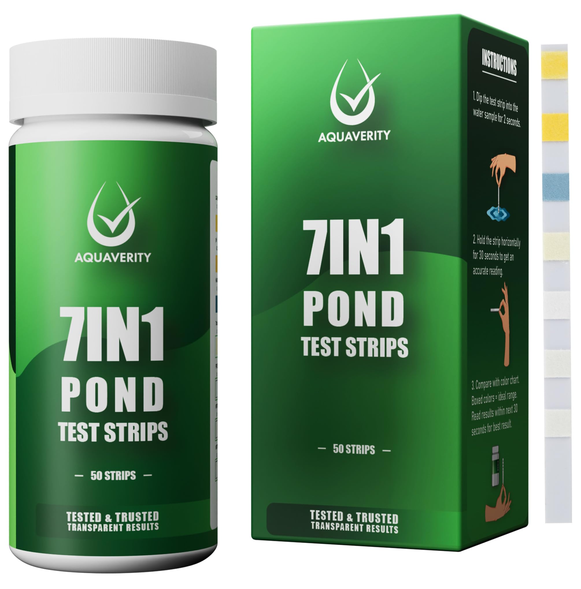 Bandelettes de test 7 en 1 pour bassin – Kit de test précis pour le pH, les nitrates, les nitrites, les carbonates, la dureté, le chlore total et libre – Pour bassins – 50 bandelettes