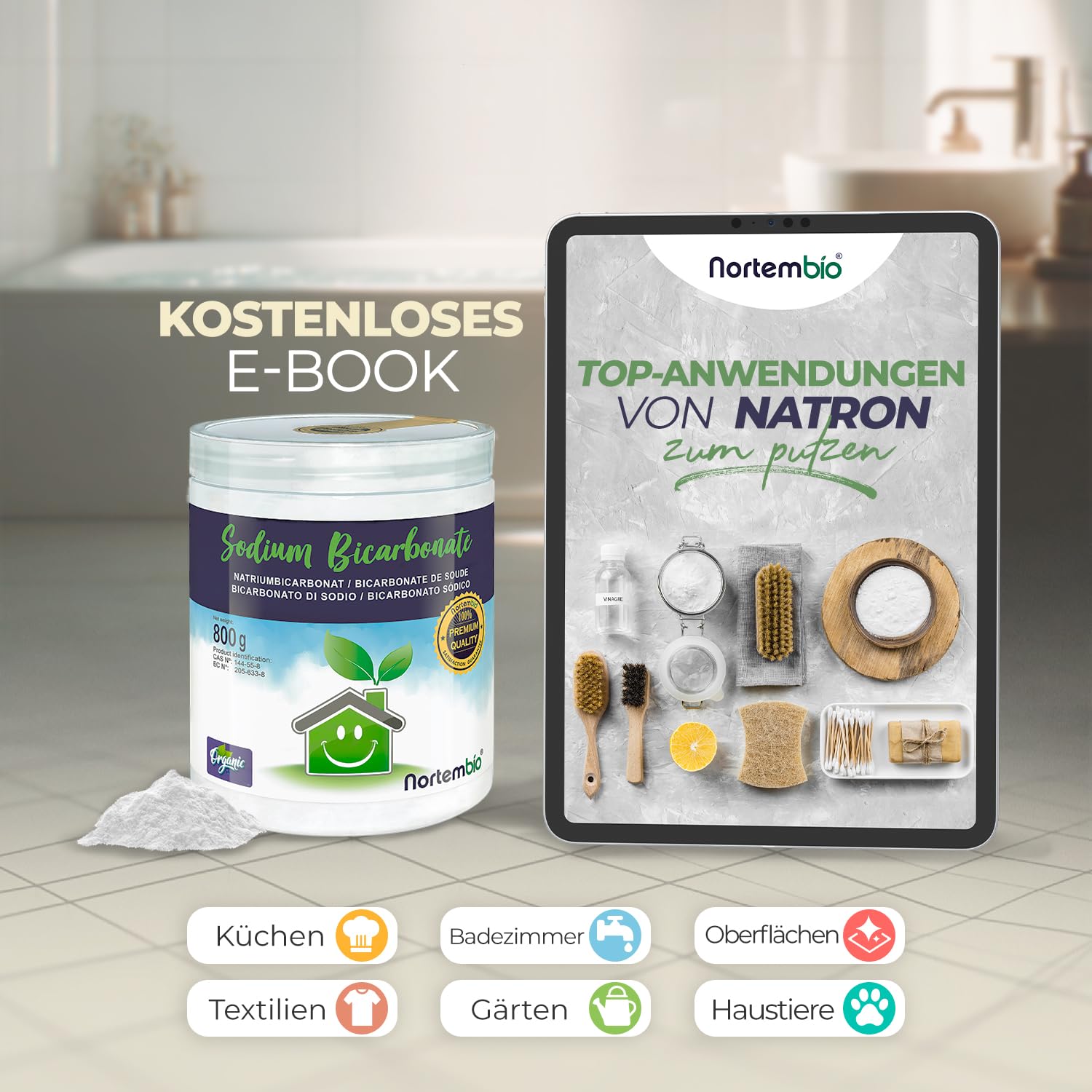 Nortembio Natron 4 x 6 kg 100% natürlich für die vielseitige Reinigung. Ohne Aluminium. Entfernt Gerüche und Schmutz. Küche, Bad, Textilien. E-Book inklusive