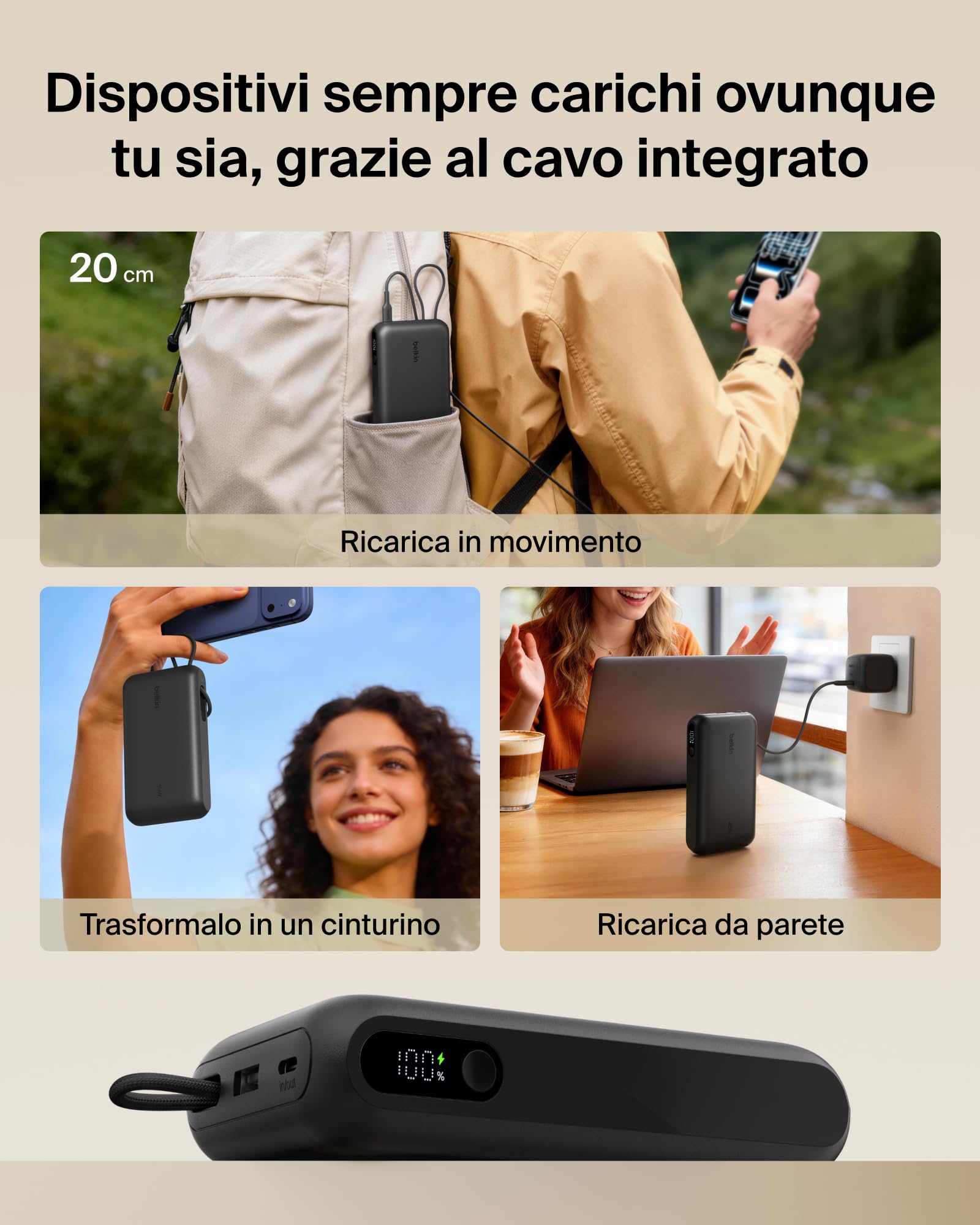 Belkin UltraCharge Power Bank 20000mAh con Cavo USB-C e Display - Nero | Caricatore Portatile 20000mAh, Ricarica 3 dispositivi (1 USB-C, Cavo USB-C Integrato, 1 USB-A), 45W, Pre-Caricato, Display