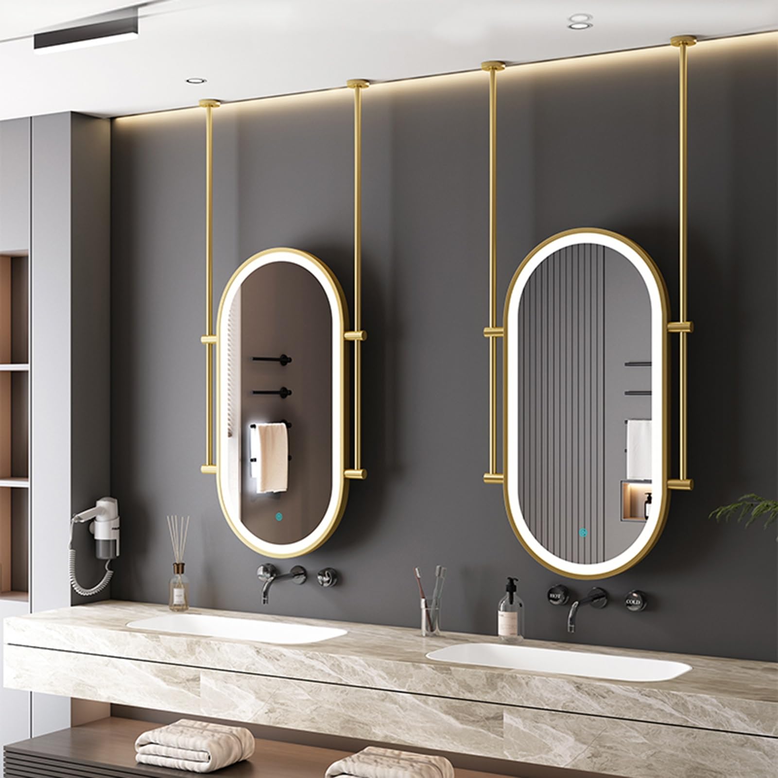 Specchio da soffitto con Luce LED, Specchio Ovale in Metallo Galleggiante, Illuminazione Regolabile in 3 Colori, Adatto per Ingresso, Guardaroba e Decorazione della casa (Nero, 60x110 cm)
