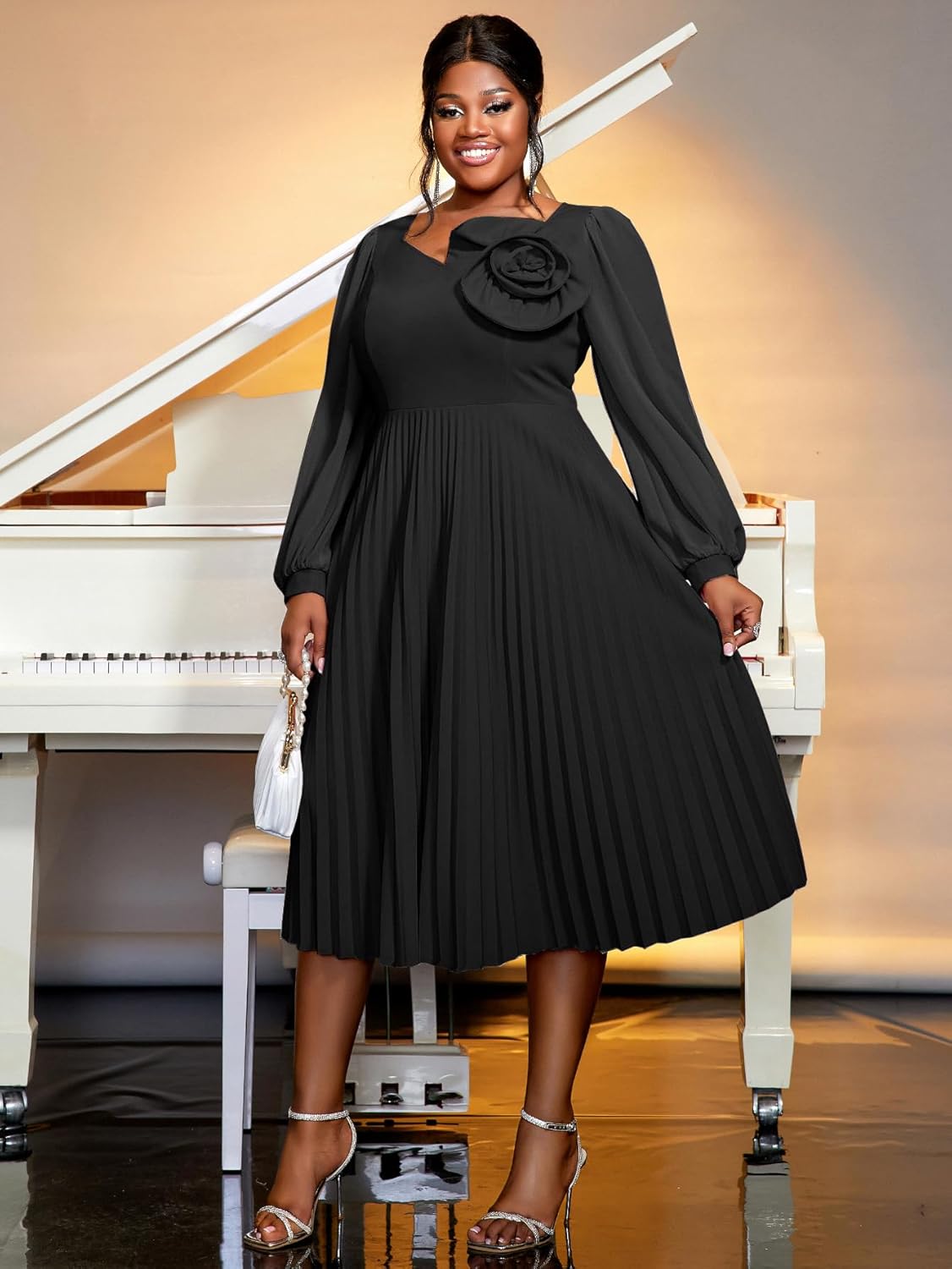 AOMEI Women's Chiffon Long Sleeve with Flower Pleated Elegant Midi Summer Dress - Image 2