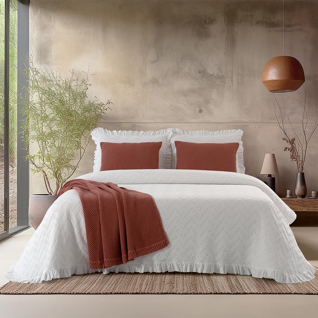 Colcha Blanca con Volante - Colcha 260x260 para Cama de 180 - Colcha de Algodón Valentina - Colcha de Verano con Estampado Elegante