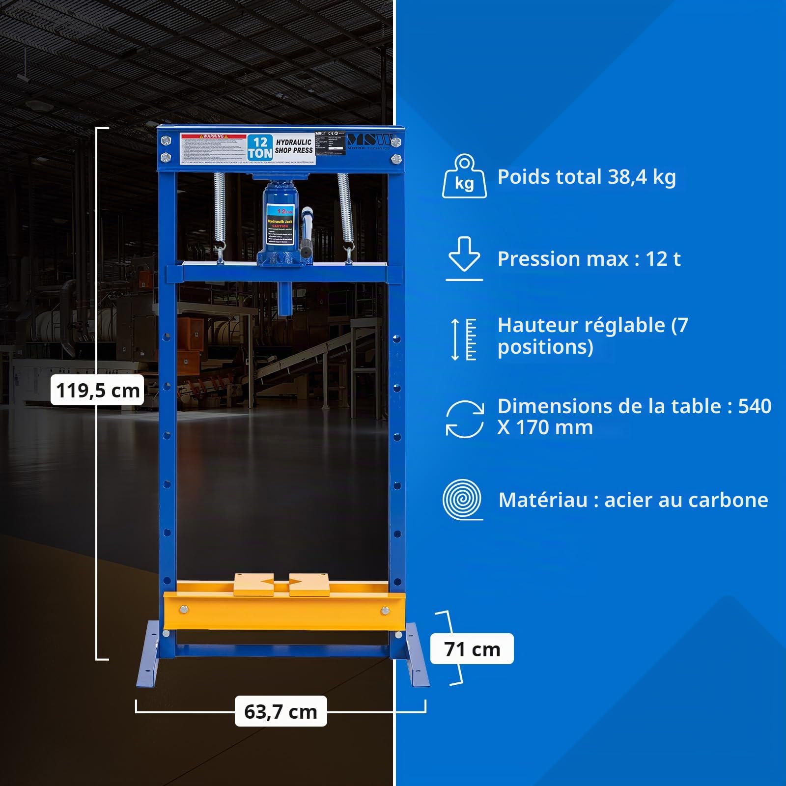 MSW Presse d'atelier 12 t de 540 x 170 mm en acier au carbone réglable en hauteur Course : 130 mm - Presse hydraulique professionnelle