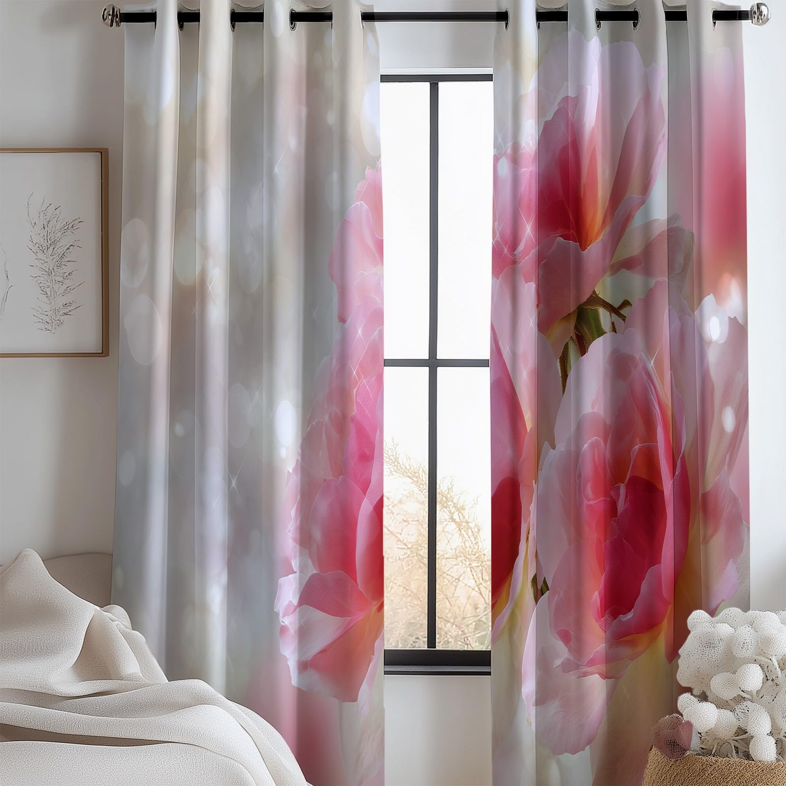 Rideau occultant rose à oeillets L140 x H245 cm pour chambre lot de 2