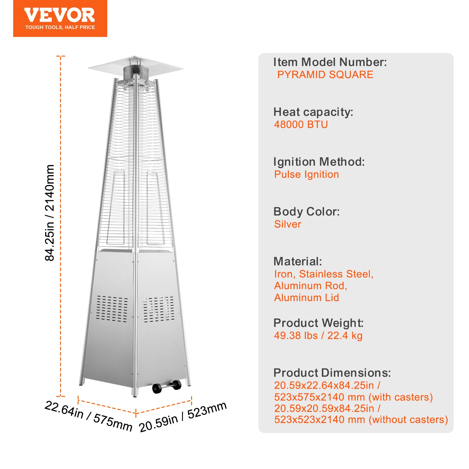 VEVOR 48000BTU 48000BTU - Riscaldamento a propano a piramide con ruote, in vetro al quarzo, per terrazze, feste, cortili, giardini, decorazioni, argento