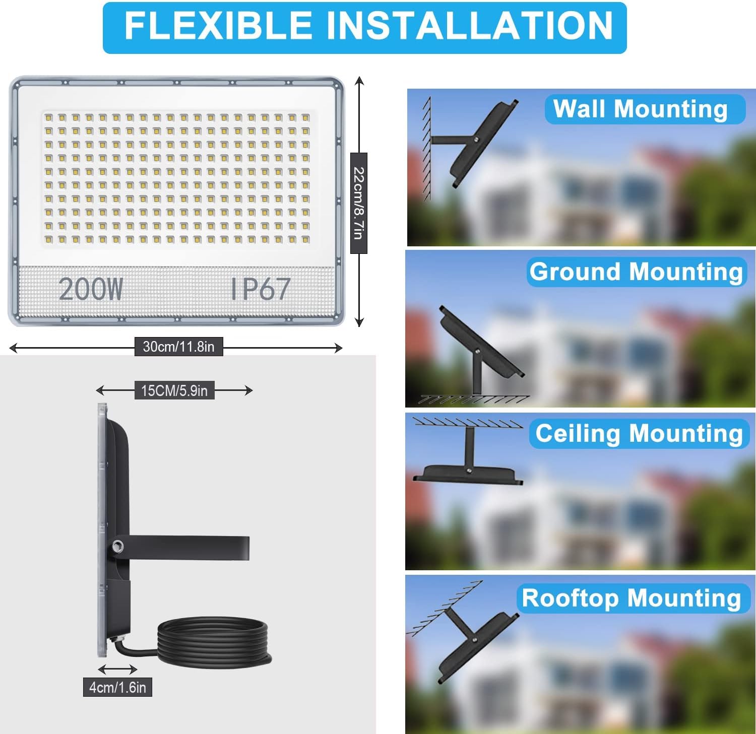 2PC Focos LED Exterior 200W, 20000LM Floodlight Super Brillante, Proyector LED 6500K Blanco Frío, Foco Reflector LED IP67 Impermeable Focos LED para Garaje Jardín Patio Parque