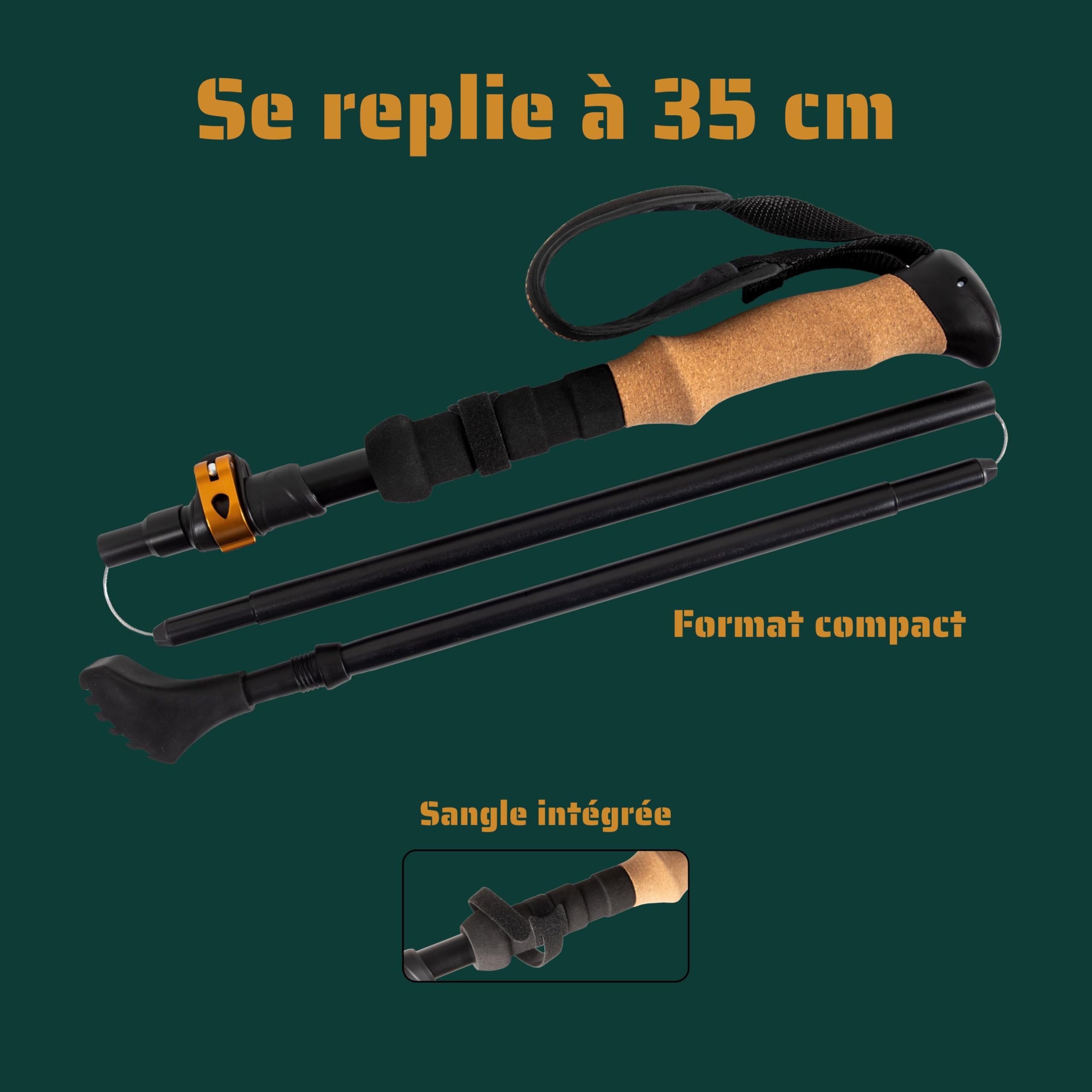 Lot de 2 bâtons de randonnée Pliables 115-135 cm, Aluminium 7075, poignée Longue EVA liège, Pointes carbure, Embouts et Sac Inclus - 3