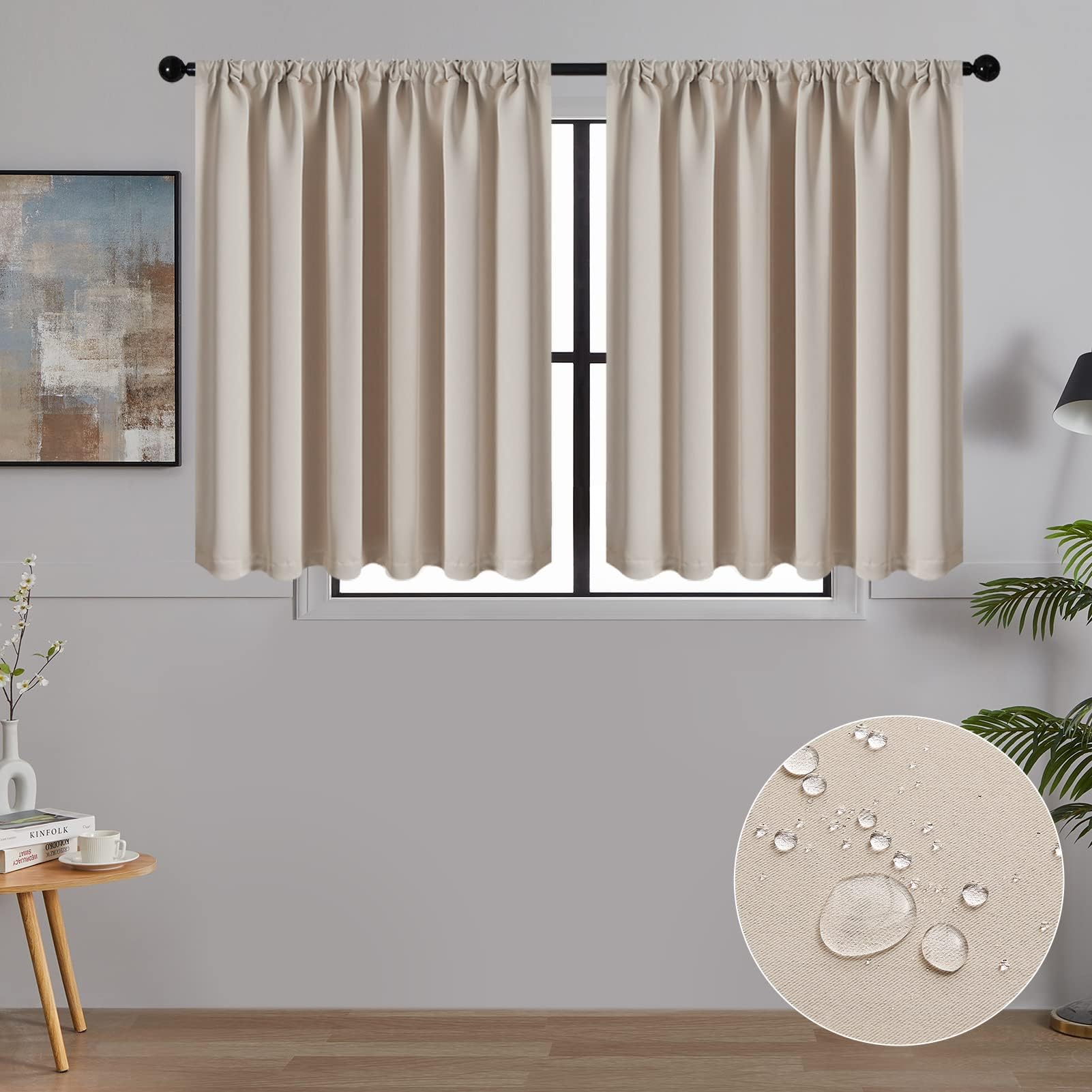 MRTREES Waterproof Blackout Curtains for Bedroom Rod Pocket Curtains for Kitchen and Bathroom 2 Panels 115x115 CM 45x45 Inch Beige - Image 2