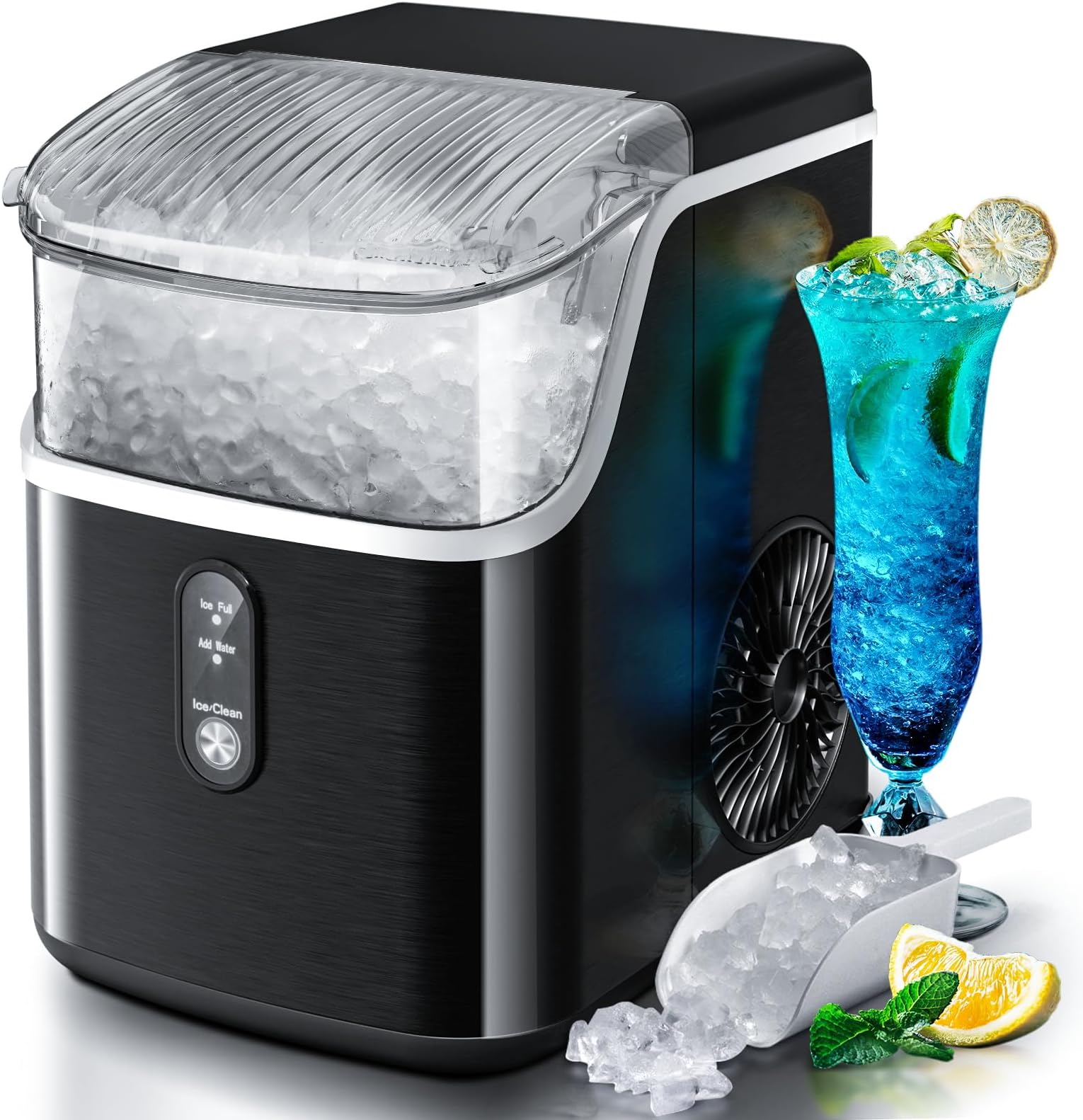 Nugget Countertop Ice Maker with Soft Chewable Pellet Ice, Pebble Portable Ice Machine, 36Lbs/24H, Self-Cleaning, Sonic Ice Maker, One Button Operation, for Kitchen,Office Stainless Steel Black