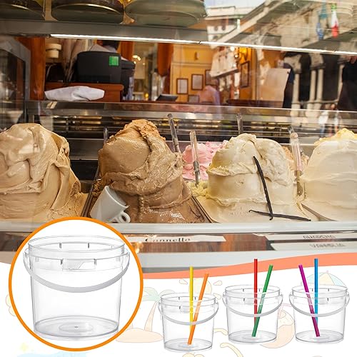 Miniatura 5 de Sratte 24 cubos pequeños de playa con 100 pajitas desechables, cubo de plástico con asa, juguetes de playa para vacaciones de verano, playa, regalos