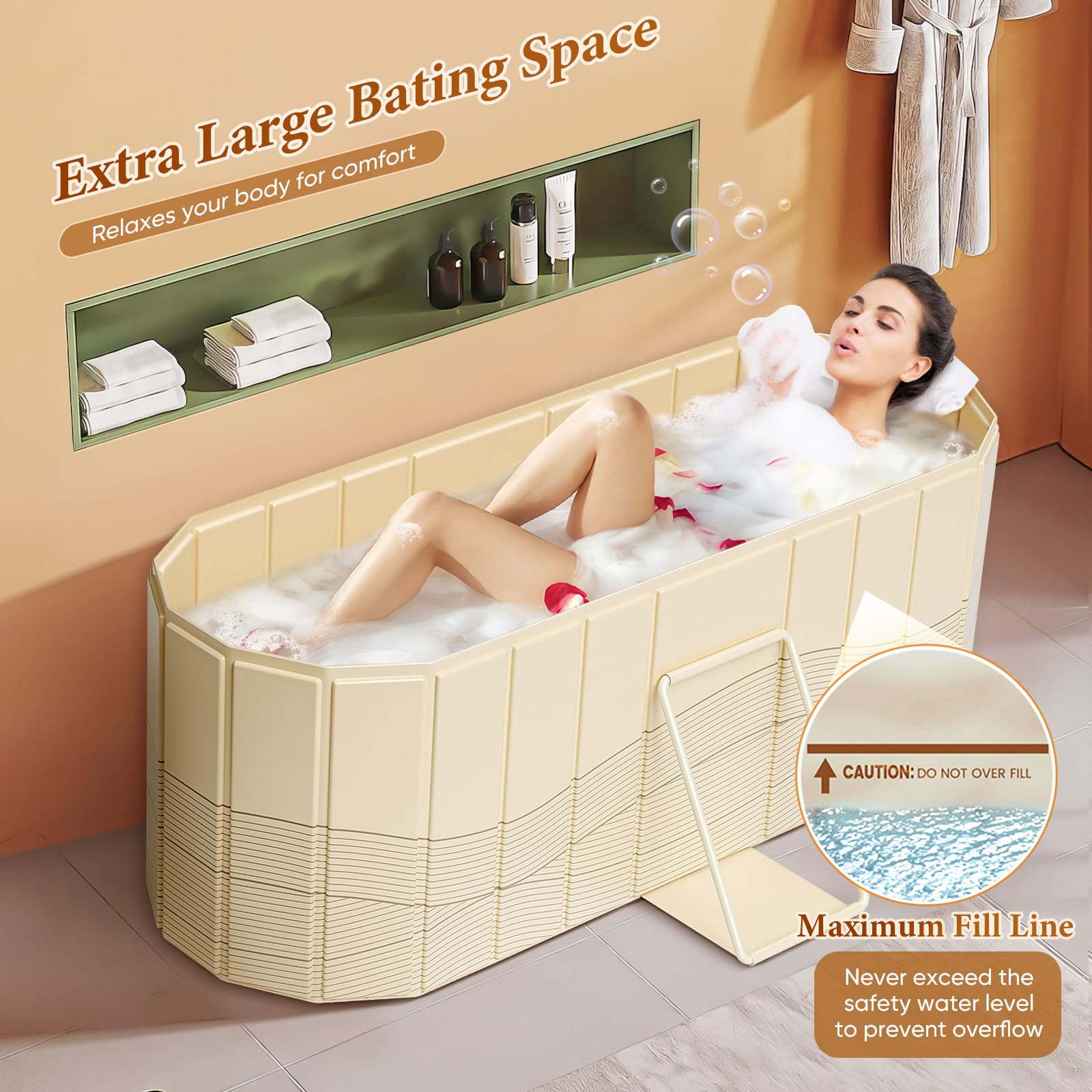 Bañera portátil para adultos 150 x 55 x 50 cm, bañera plegable para adultos con 2 agujeros de drenaje, bañera familiar para baño de hielo Equipada con 2 placas de soporte laterales con cubierta (Beige