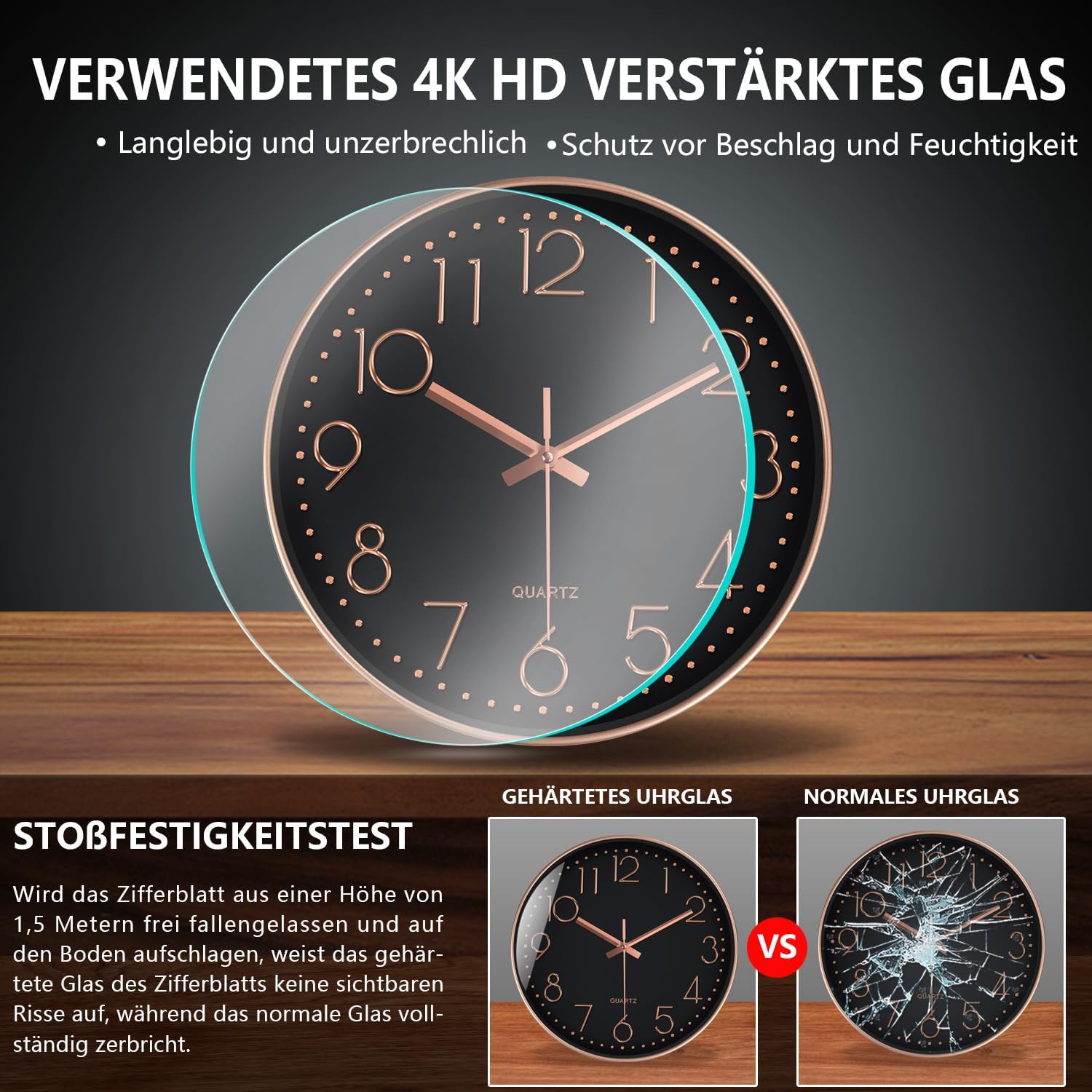 Silent Wall Clocks Battery Operated 8 Inch, Analog Wall Clock with Oversized Number Tempered Glass Clock Face, Non Ticking Wall Clocks for Living Room Bedroom Kitchen Office, Black Rose Gold