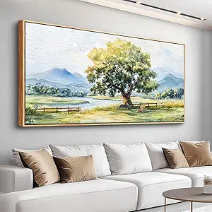 PHAOHUAXM Large Canvas Wall Art For Living Room Wall Decor For Office Bedroom Hotel room Green Tree Ink-Wash Landscape Painting Wood Framed Farmhouse Home Decoration Artwork Ready To Hang 24x48In