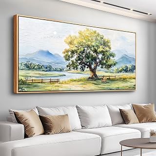 PHAOHUAXM Large Canvas Wall Art For Living Room Wall Decor For Office Bedroom Hotel room Green Tree Ink-Wash Landscape Painting Wood Framed Farmhouse Home Decoration Artwork Ready To Hang 24x48In