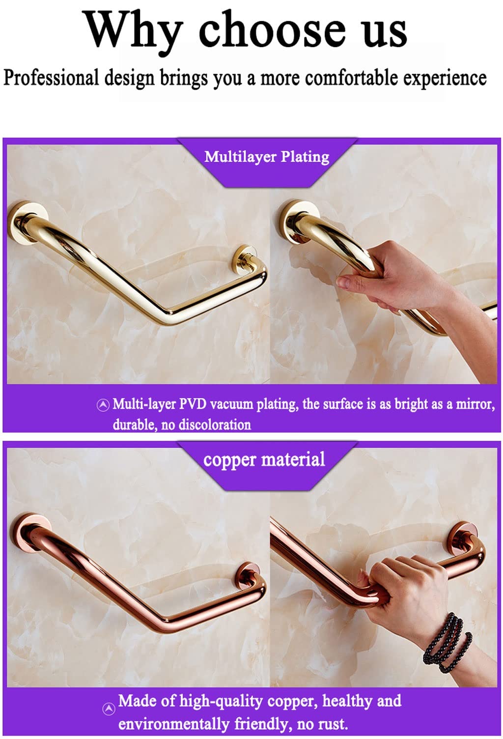 Barra de agarre en ángulo de oro rosa de 45,7 cm para bañeras y duchas, pasamanos de seguridad para personas con discapacidad, ancianos y mujeres embarazadas
