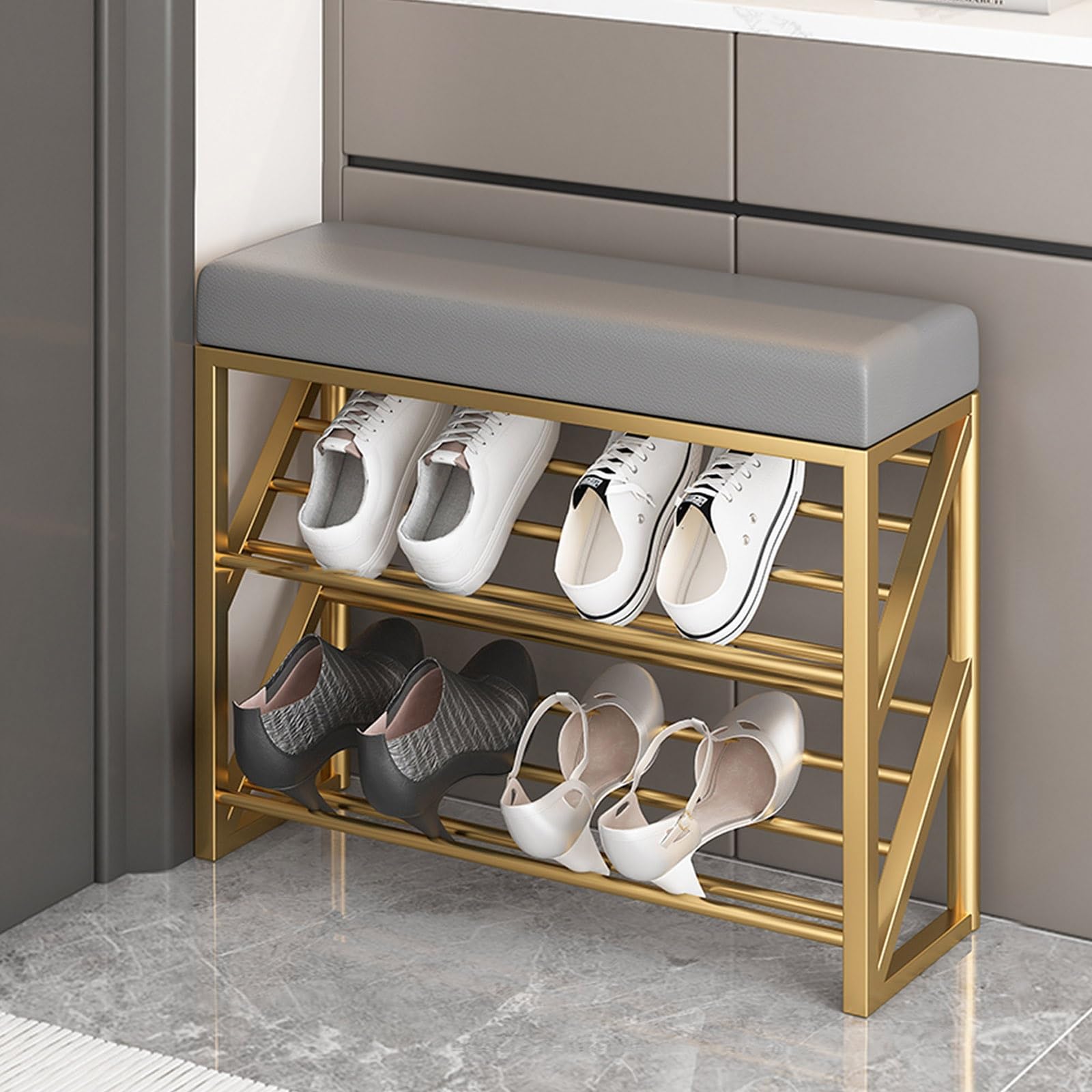 WJFTODAY Modern Upholstered Shoe Bench with Metal Legs 2 Tier Shoe & Storage Rack Entryway & Bedroom Furniture (Gray 39.4"x7.9")
