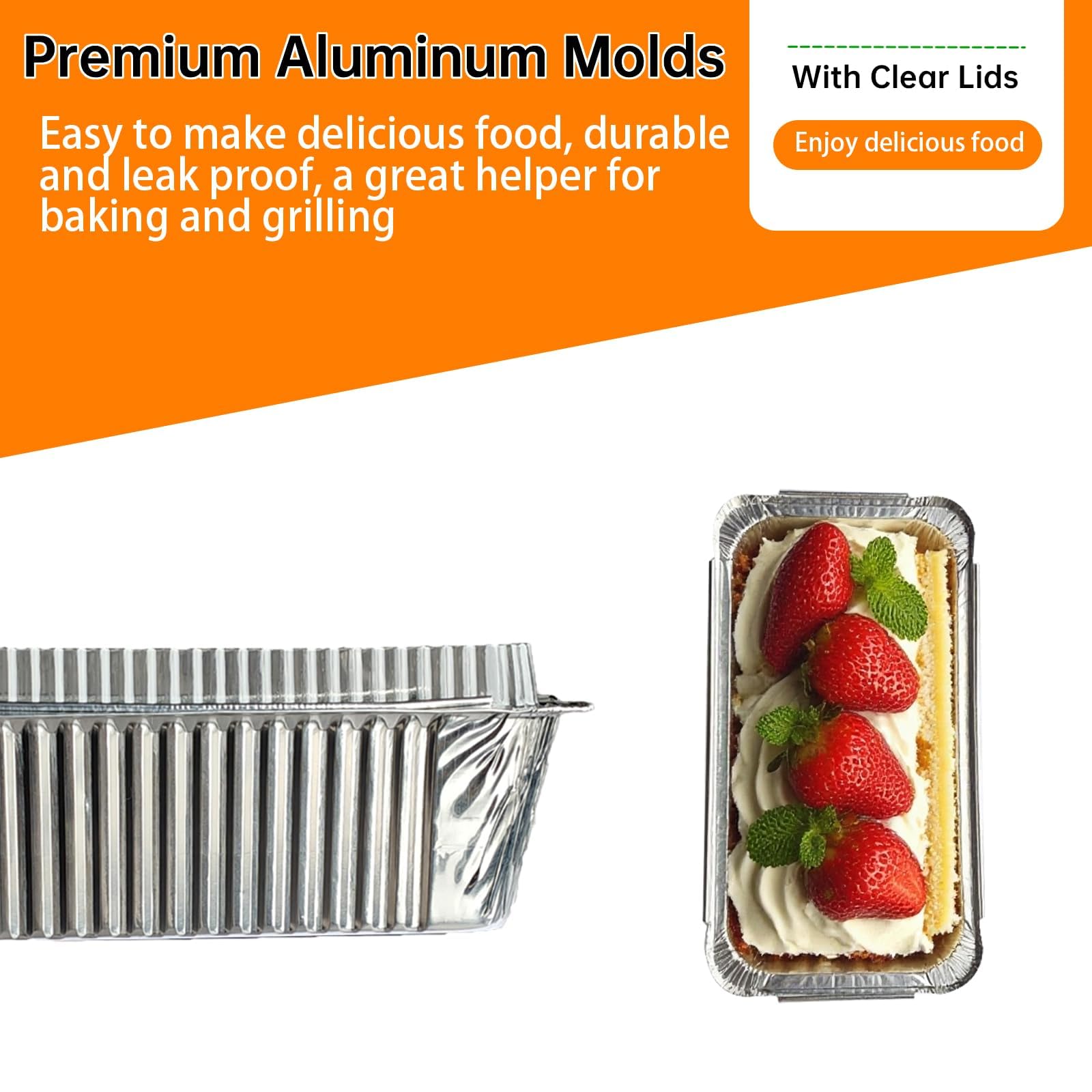 Paquete de 50 moldes desechables de aluminio de 6.9 x 3.5 pulgadas con tapas, mini moldes para hornear de 1 libra, moldes de aluminio, ideales para hornear pan, pasteles, rollos de canela y almacenar