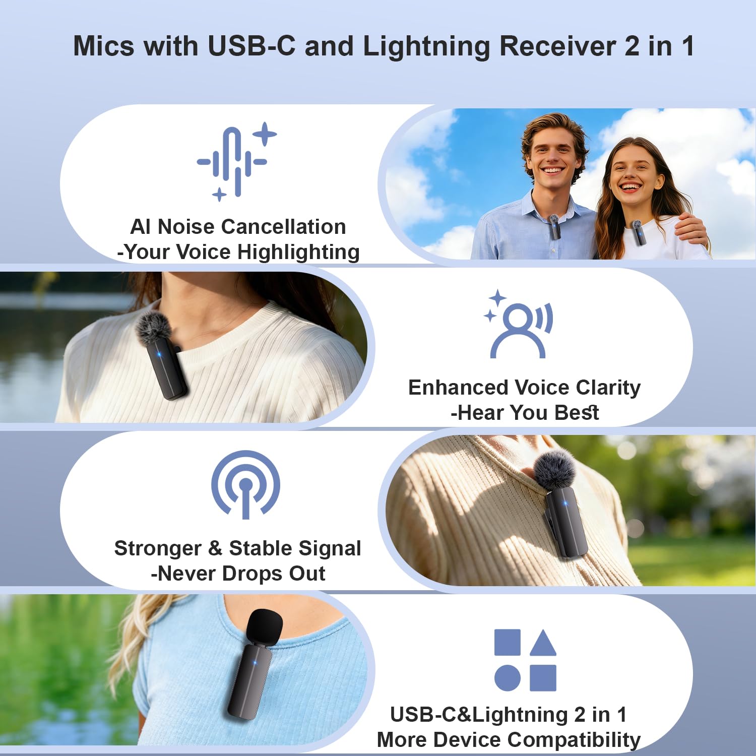 Bulatry 2-Pack Wireless Mini Lavalier Microphone for iPhone,Android Phone - 65ft Cordless Clip on Mics with Noise Reduction 6H Working Time for Video Recording — Amazon image 2