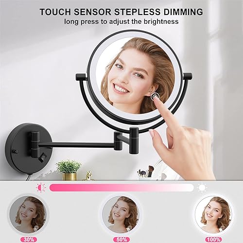 Miniatura 2 de YMHSOLDR Espejo de maquillaje iluminado montado en la pared con 3 luces de color y atenuación continua, espejo cosmético de aumento de doble cara