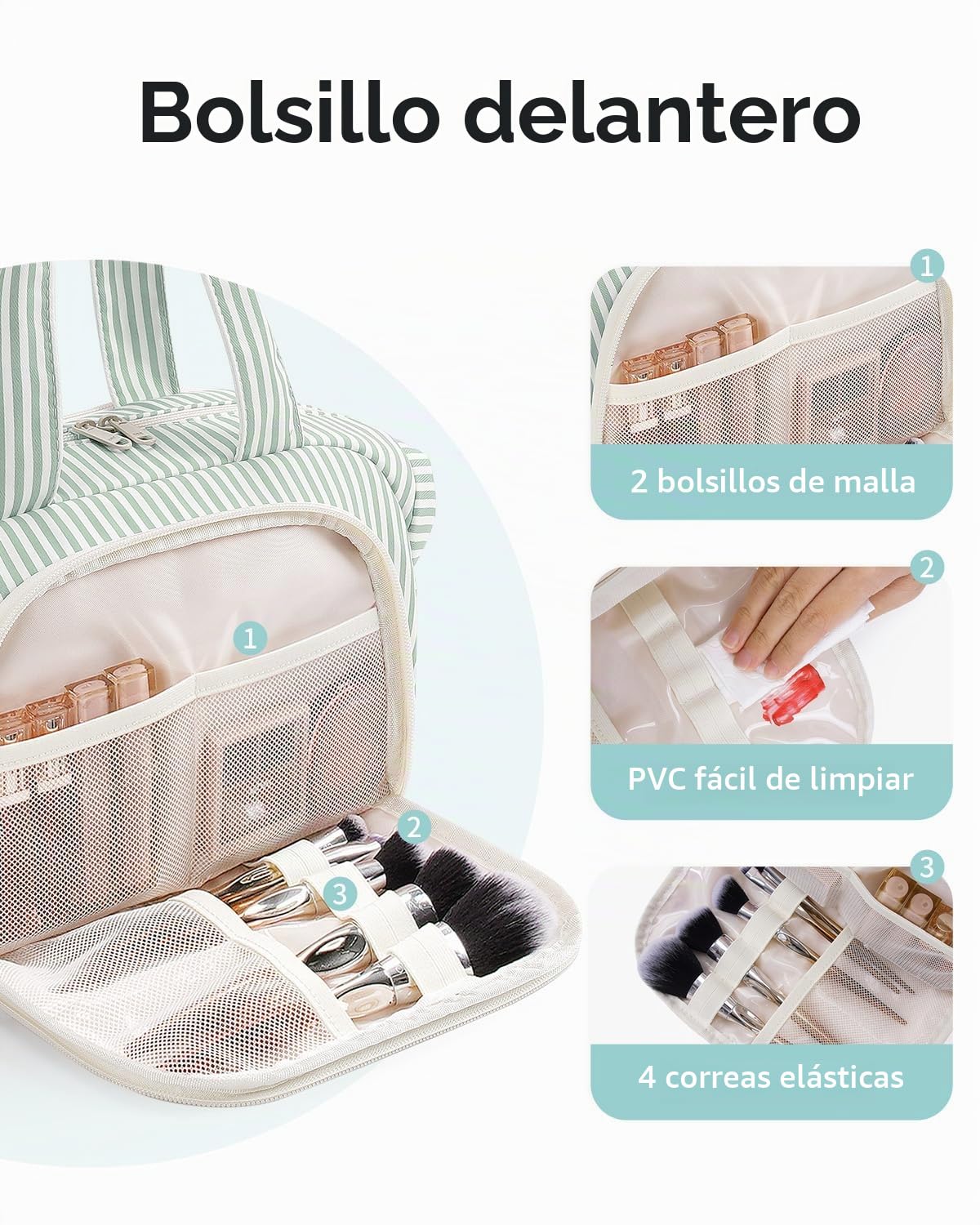 Narwey Neceser de Viaje para Mujer, Bolsa de Aseo Grande, Organizador de Maquillaje Portátil para Artículos de Aseo Tamaño Completo Viajes Accesorios (Rayas Verde Menta)