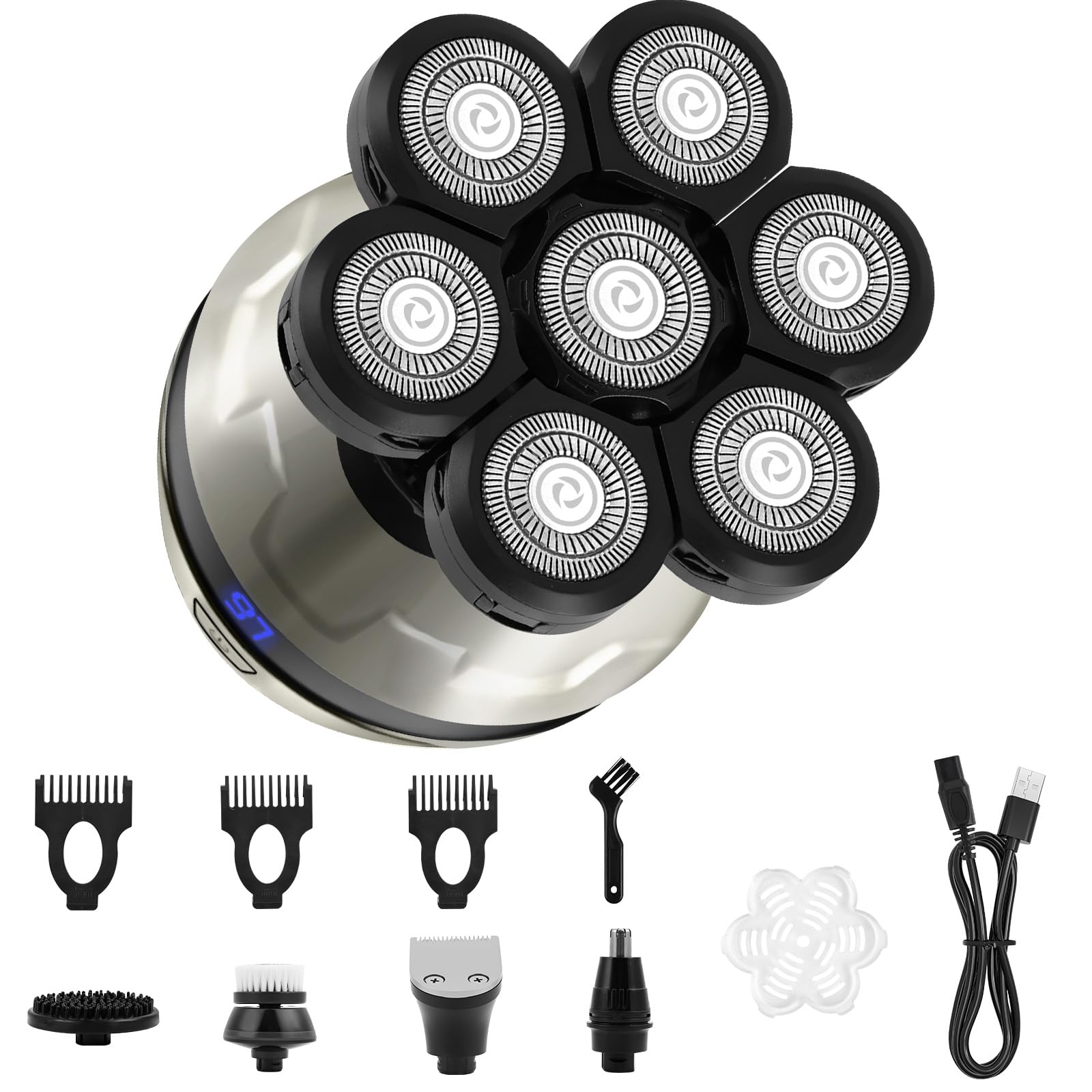 LOPHE Afeitadora Cabeza Hombre, 4D Maquina Afeitar Hombre Calvo, Afeitadora Electrica Cabeza para Calva Facial Barba, 7 Cabezales y Pantalla LED, IPX6 Impermeable en Seco y Húmedo Recargable (8 en 1)