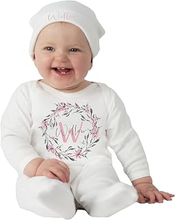 Personalised Floral Wreath Baby grow & Headband or Hat SET New Baby Newborn Gift Girl Floral 1st outfit Baby Shower Romper Sleepsuit (0-3 months, Romper and Hat, White)