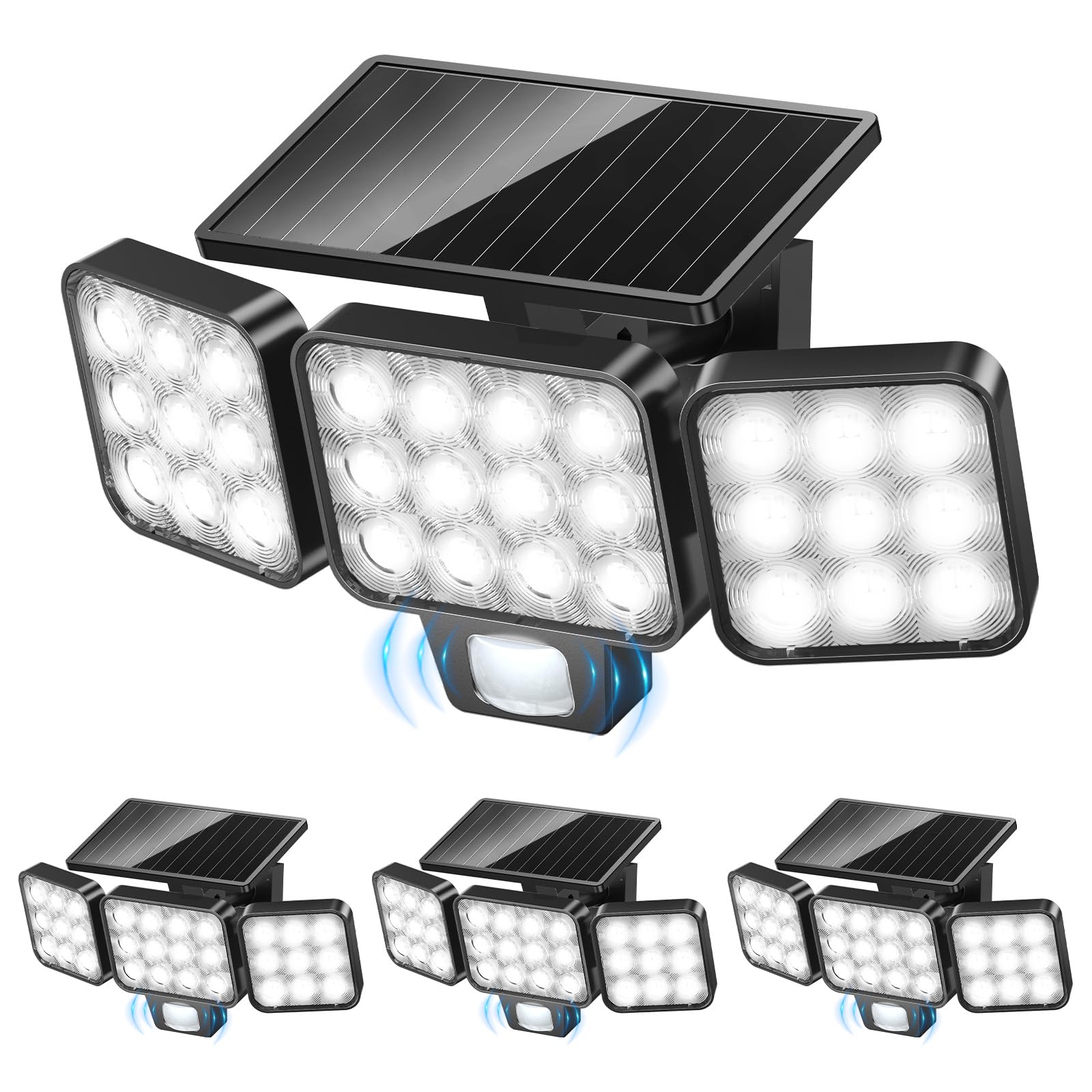 GEARLITE Luz Solar Exterior con Sensor de Movimiento 4 Piezas, Focos 120 LED Exterior Solares Potentes con 3 Modos, 3 Cabezas 270°Iluminación, IP65 Impermeable Lampara Solar Exteriores para Jardin